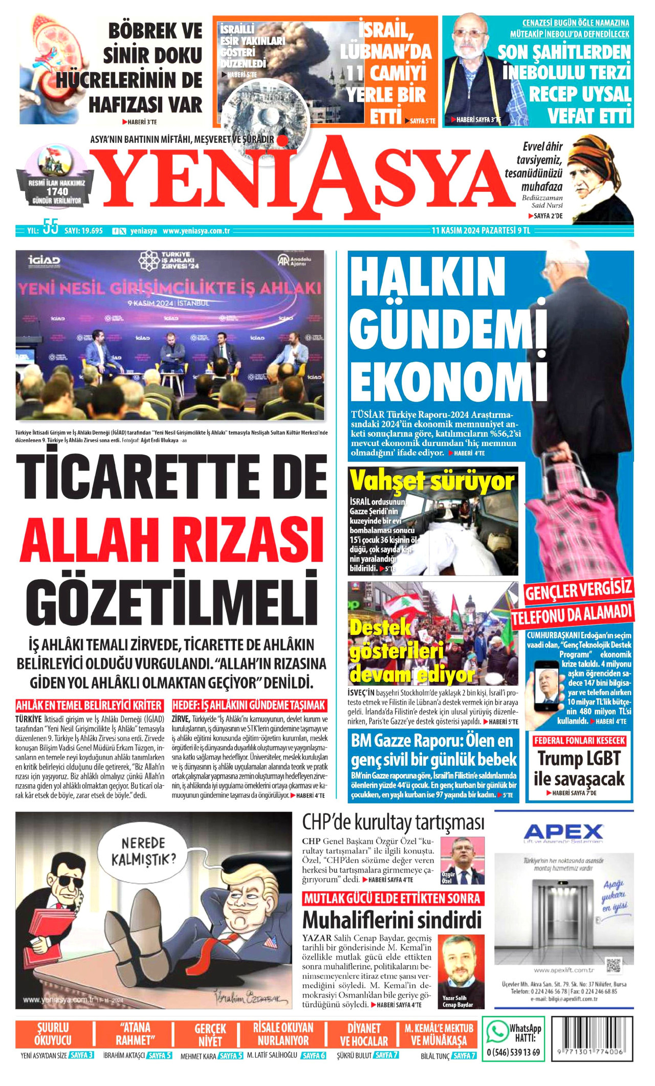 YENİ ASYA gazetesinin 11 Kasım 2024 tarihli birinci sayfası