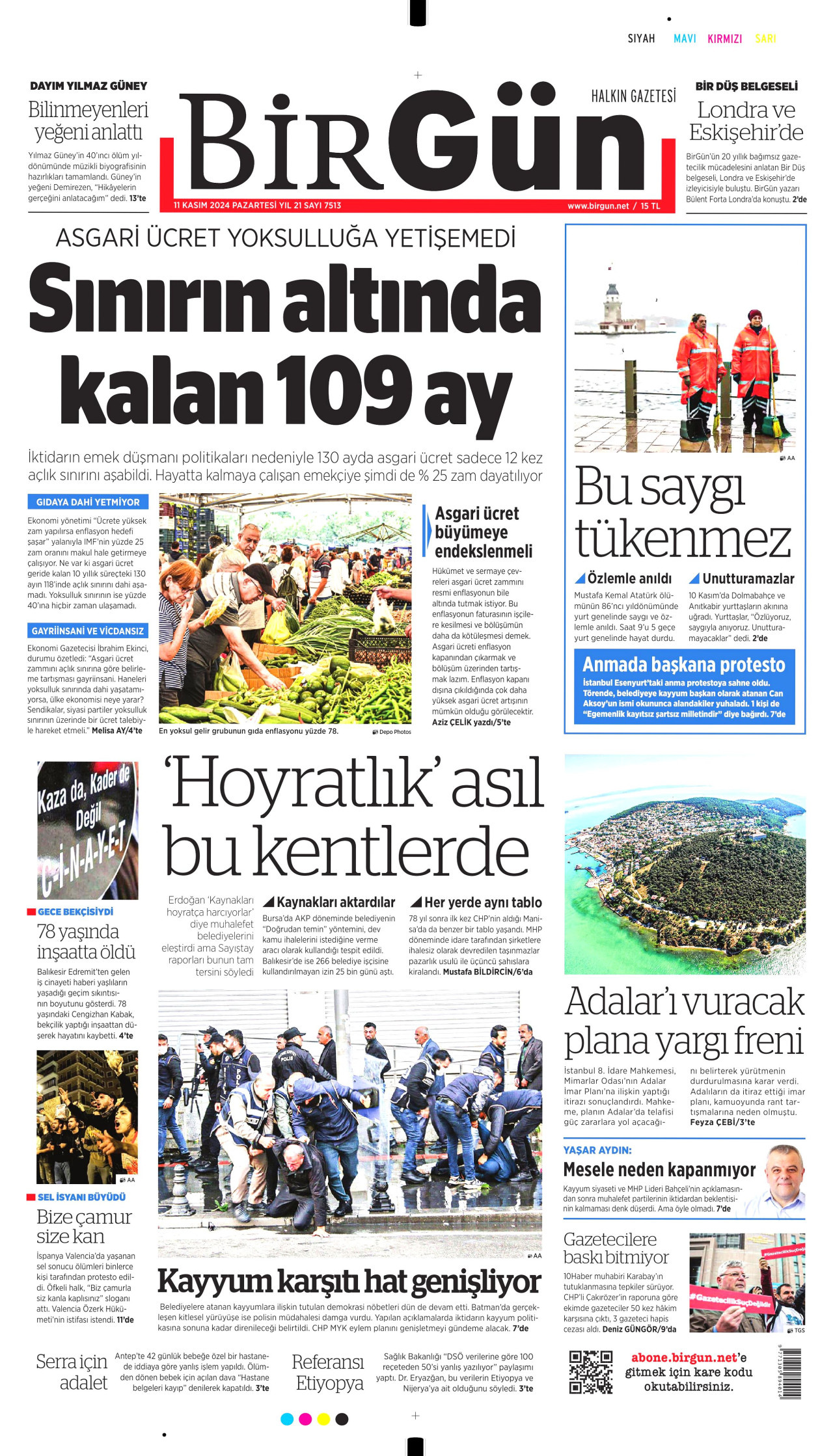 BİRGÜN gazetesinin 11 Kasım 2024 tarihli birinci sayfası