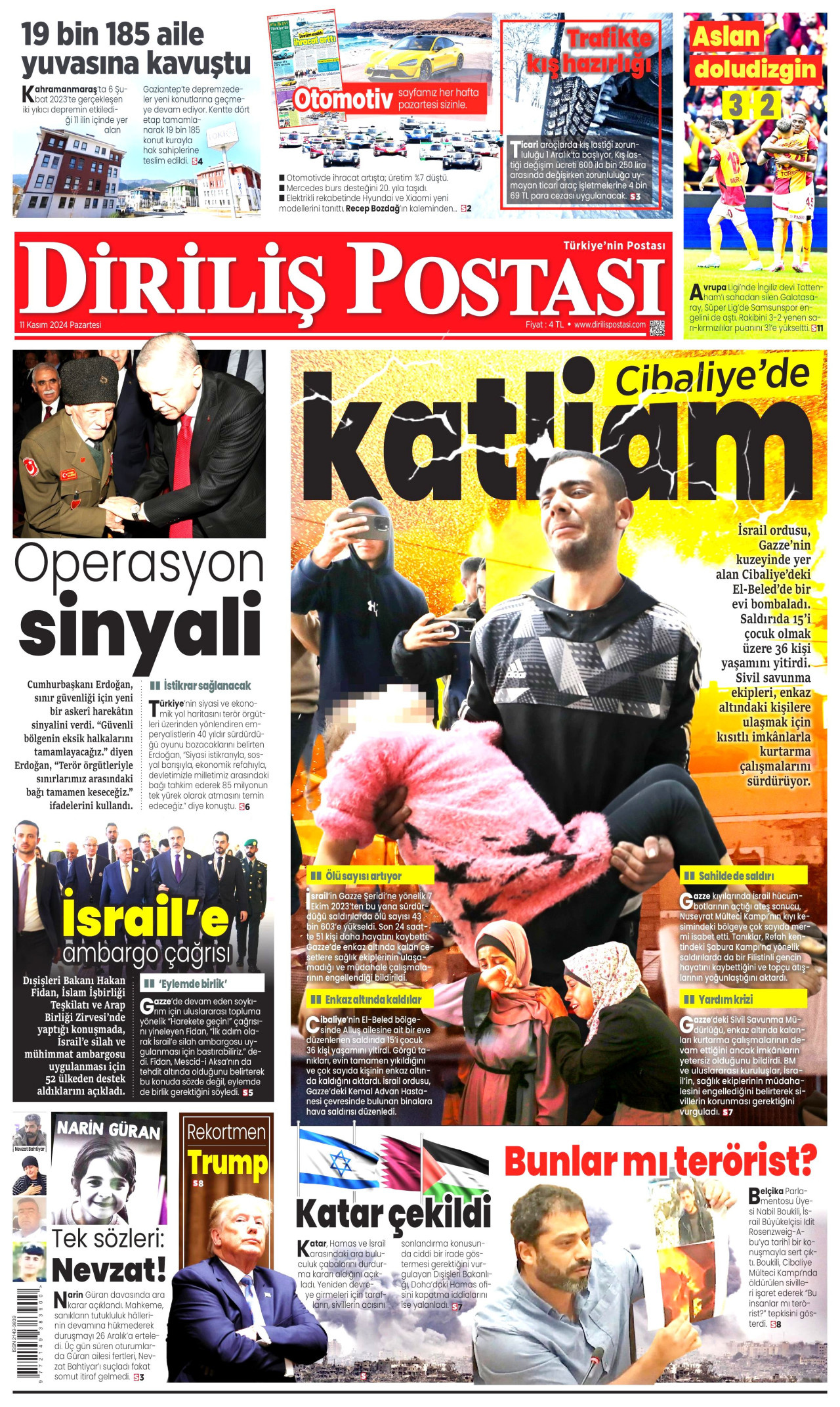 DİRİLİŞ POSTASI gazetesinin 11 Kasım 2024 tarihli birinci sayfası