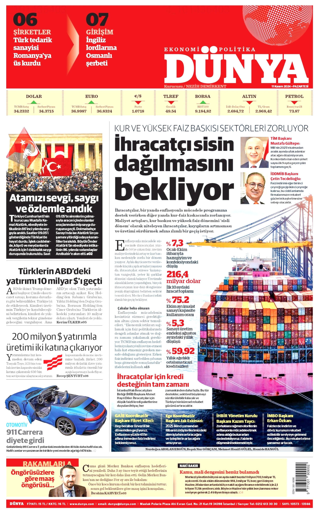DÜNYA gazetesinin 11 Kasım 2024 tarihli birinci sayfası