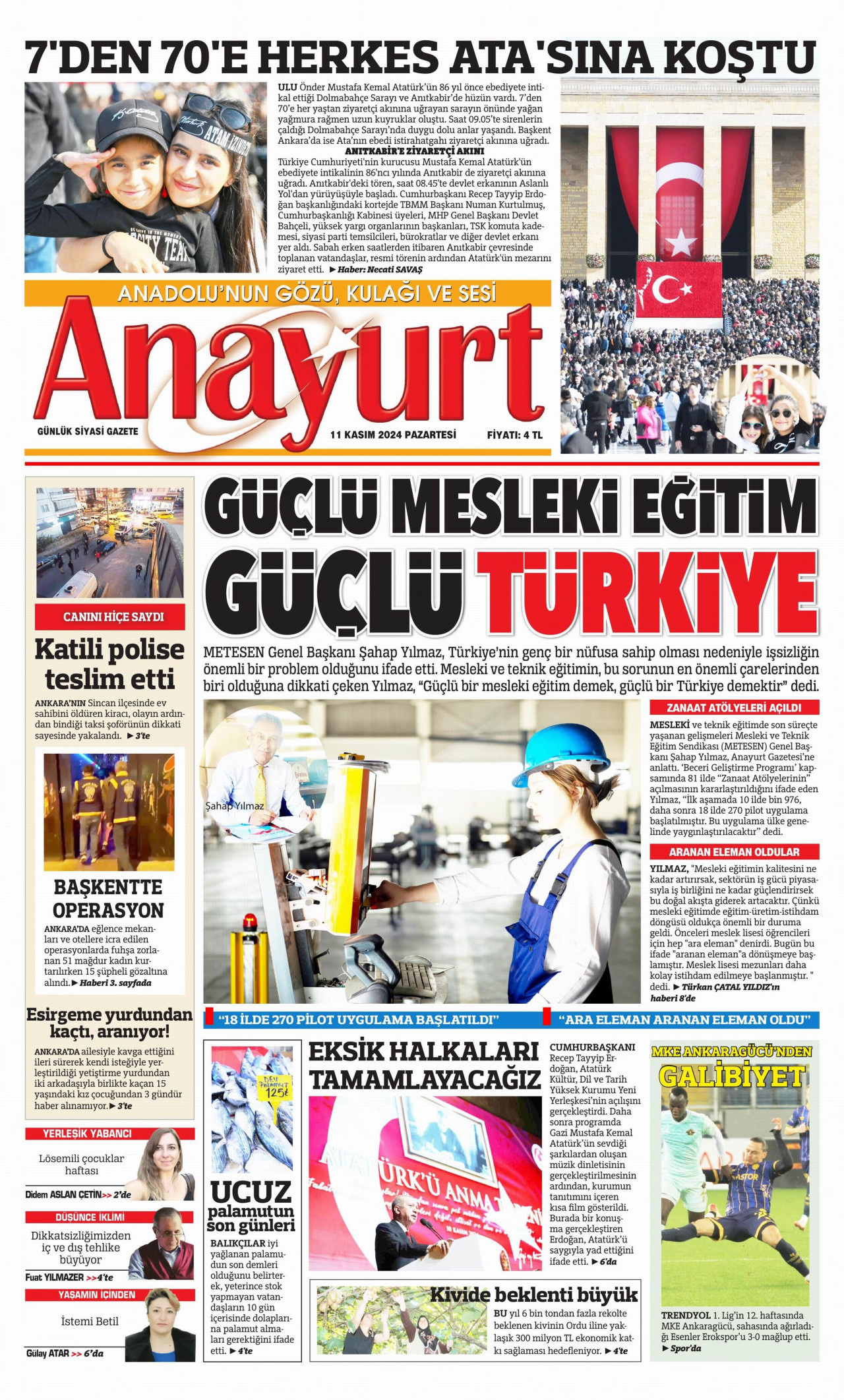 ANAYURT gazetesinin 11 Kasım 2024 tarihli birinci sayfası