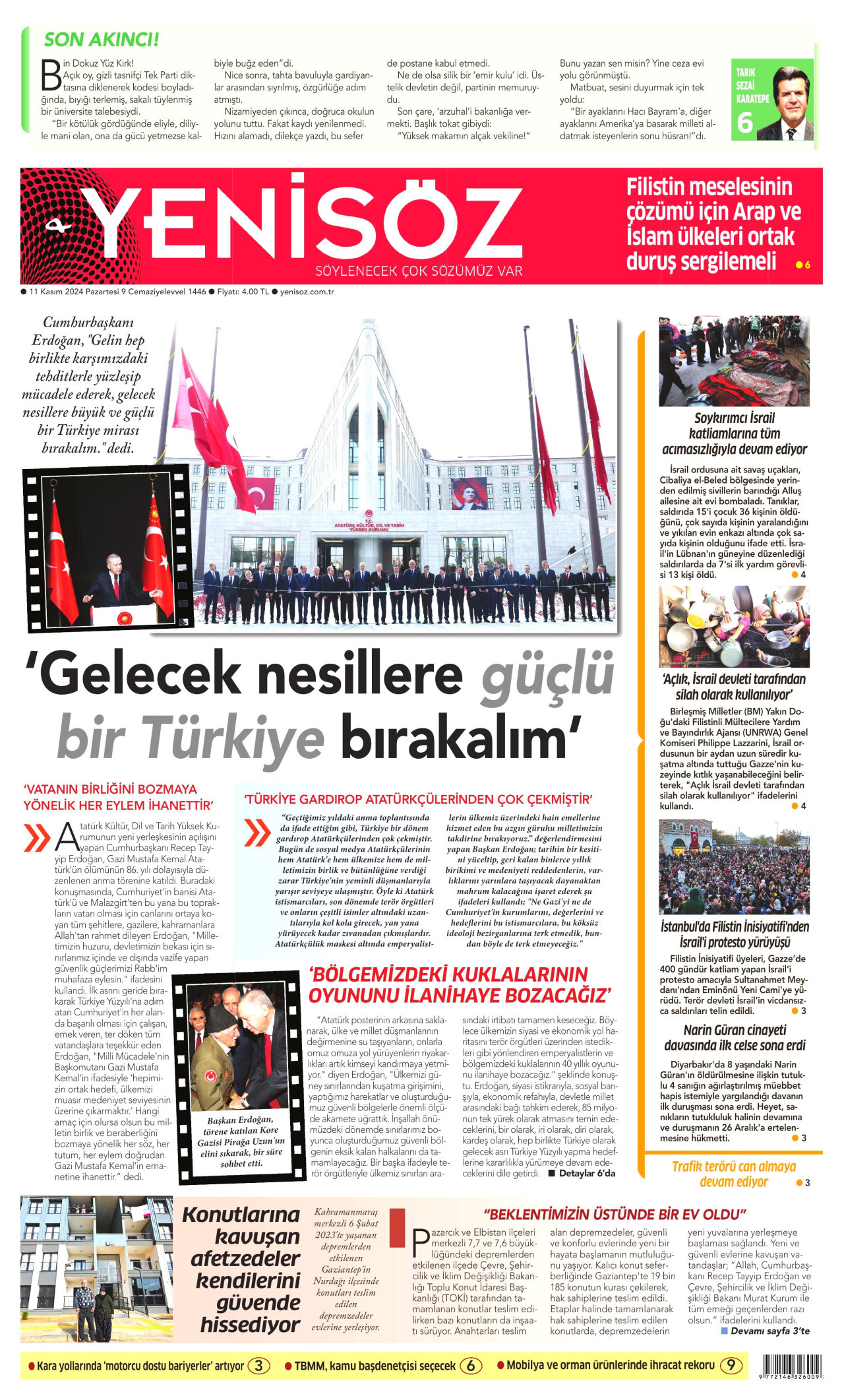 YENİ SÖZ GAZETESİ gazetesinin 11 Kasım 2024 tarihli birinci sayfası