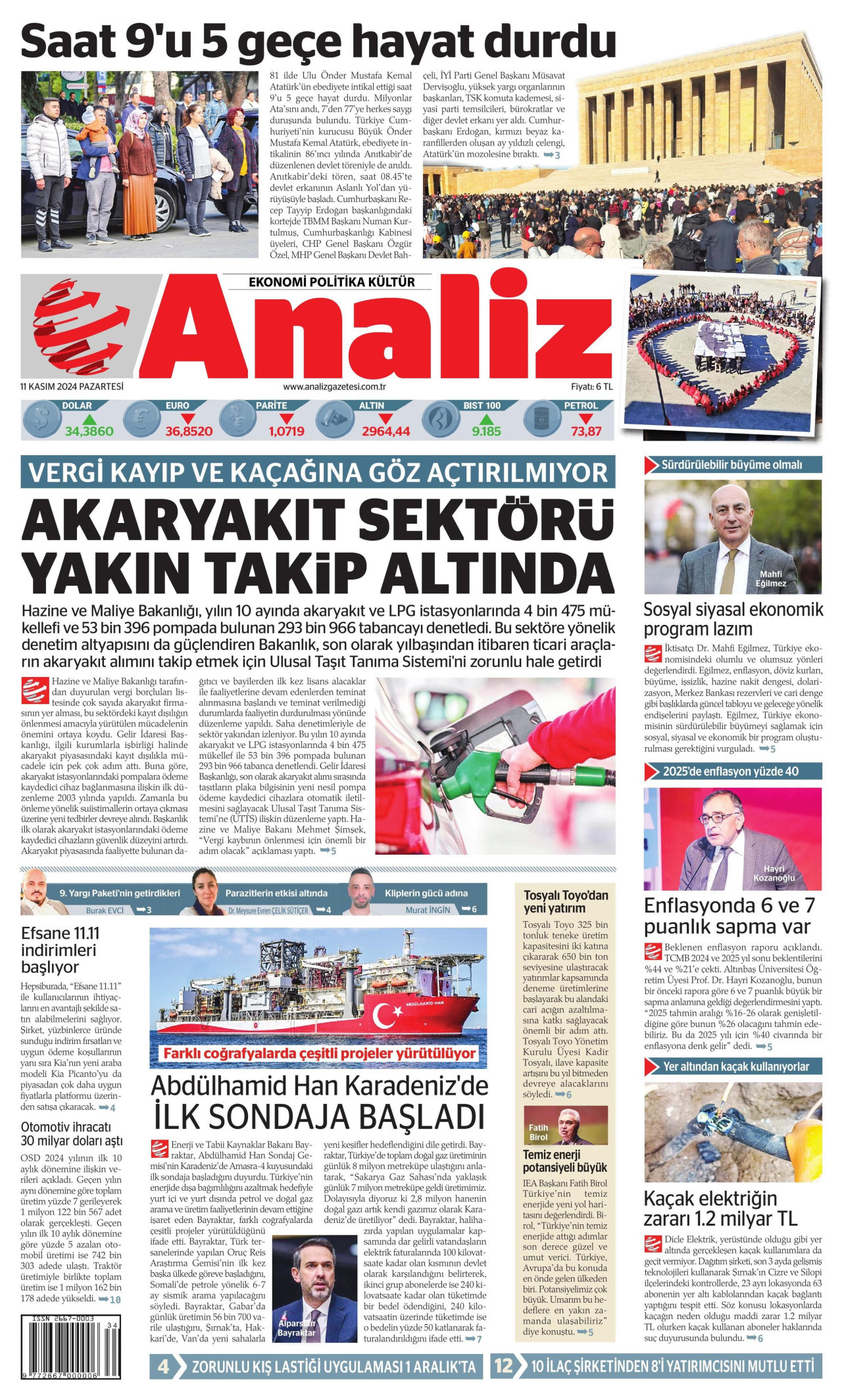 ANALİZ gazetesinin 11 Kasım 2024 tarihli birinci sayfası