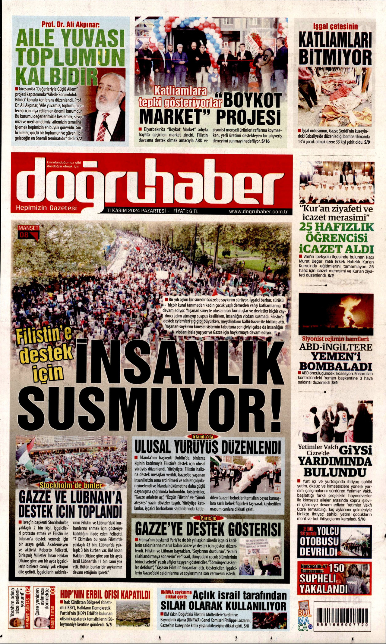 DOĞRU HABER gazetesinin 11 Kasım 2024 tarihli birinci sayfası