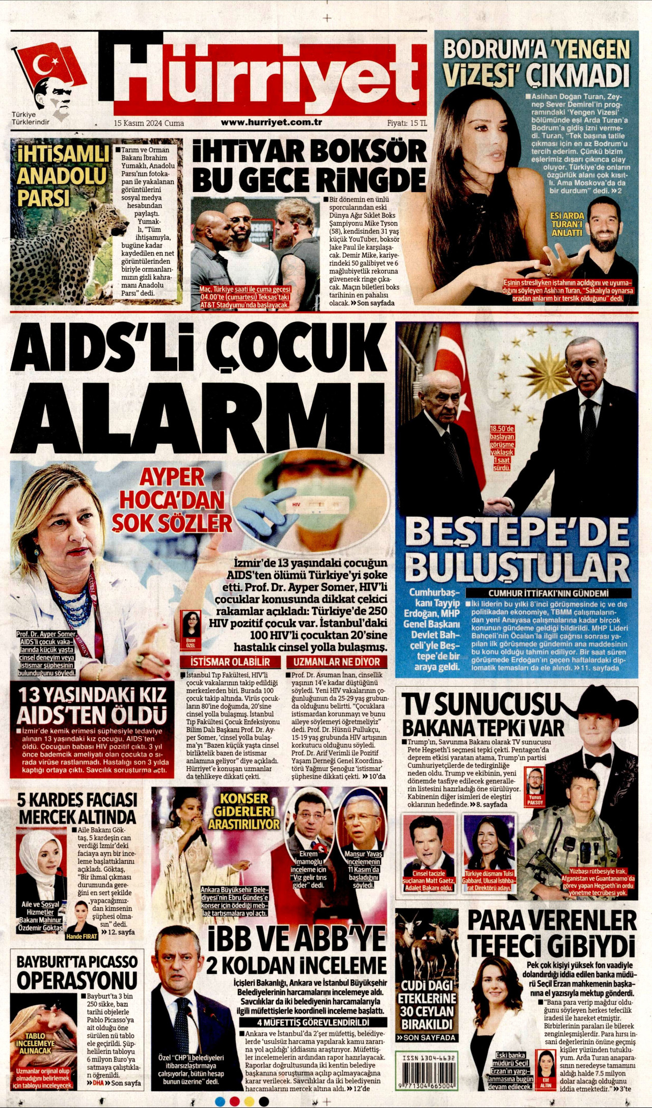 HÜRRİYET gazetesinin 15 Kasım 2024 tarihli birinci sayfası