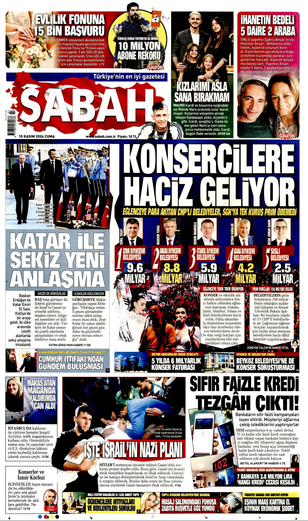 SABAH gazetesinin 15 Kasım 2024 tarihli birinci sayfası