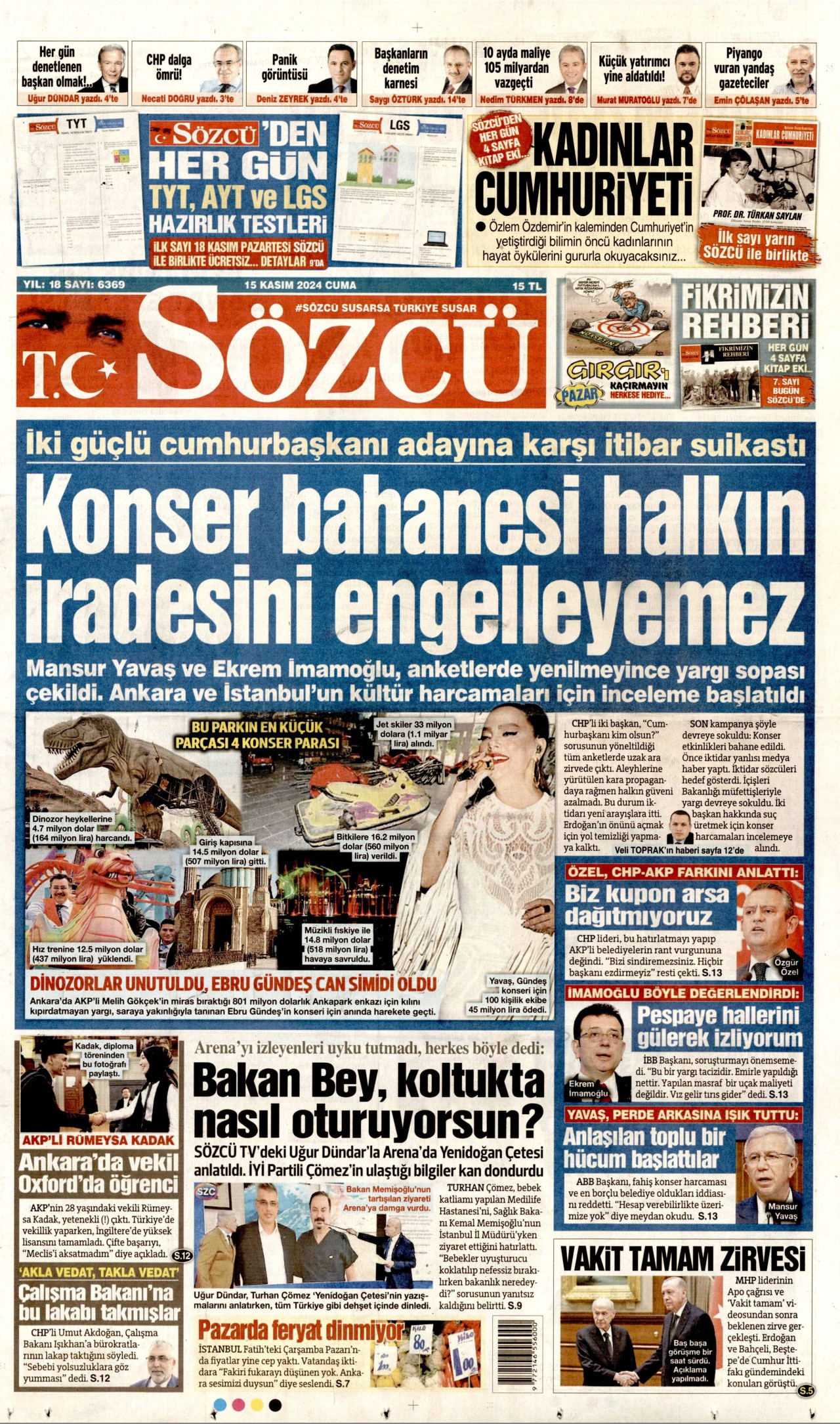 SÖZCÜ gazetesinin 15 Kasım 2024 tarihli birinci sayfası
