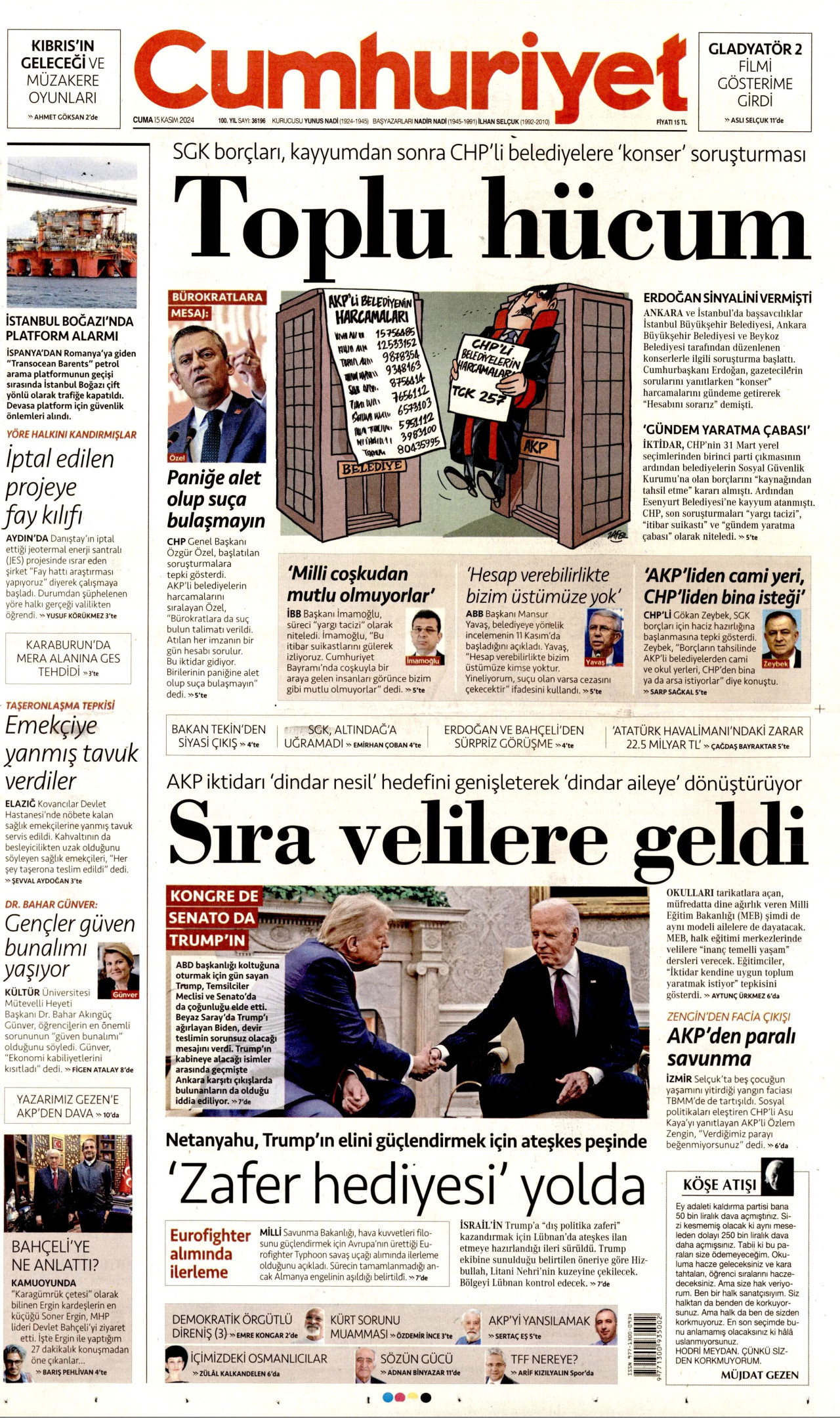 CUMHURİYET gazetesinin 15 Kasım 2024 tarihli birinci sayfası