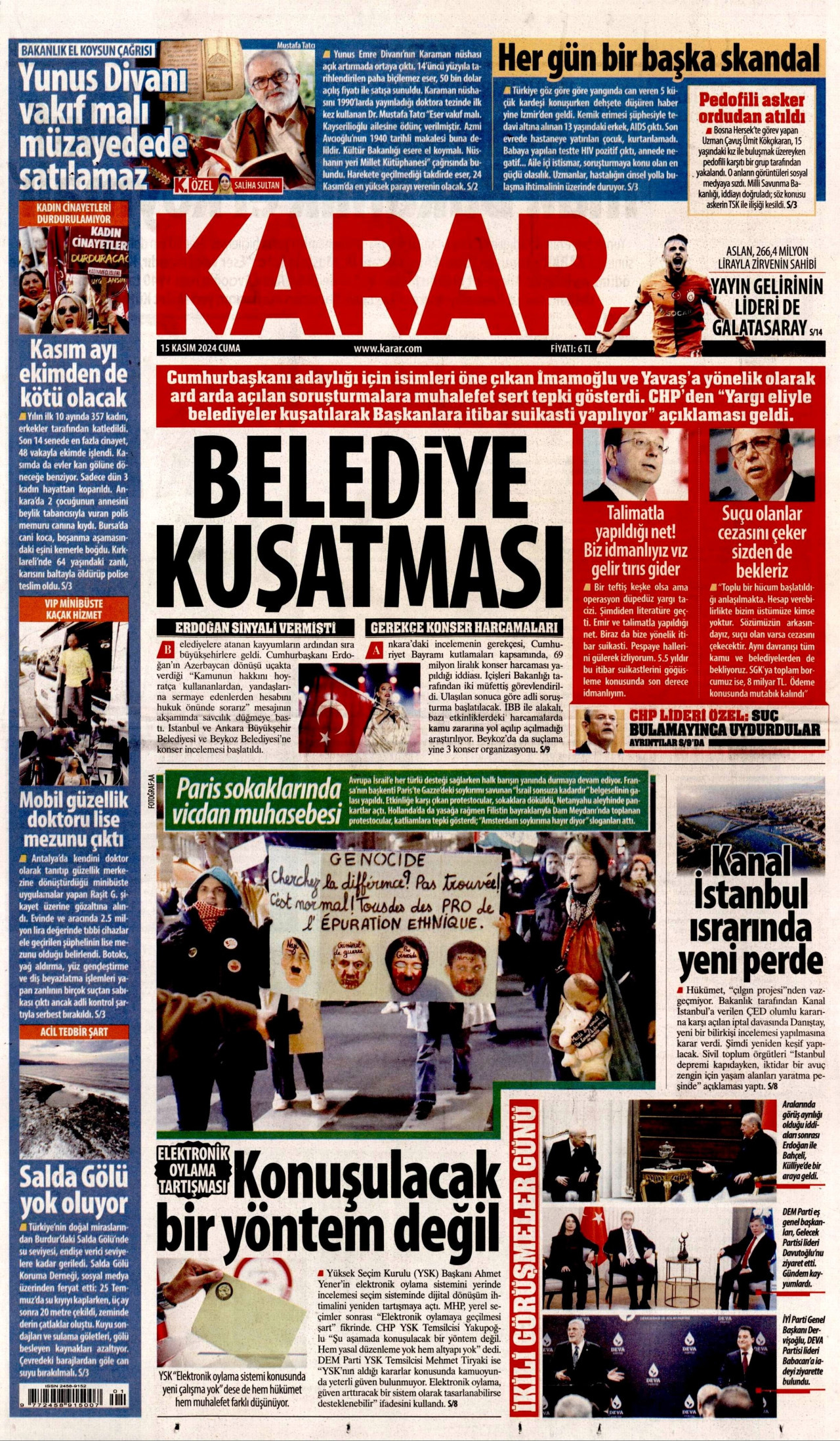 KARAR gazetesinin 15 Kasım 2024 tarihli birinci sayfası