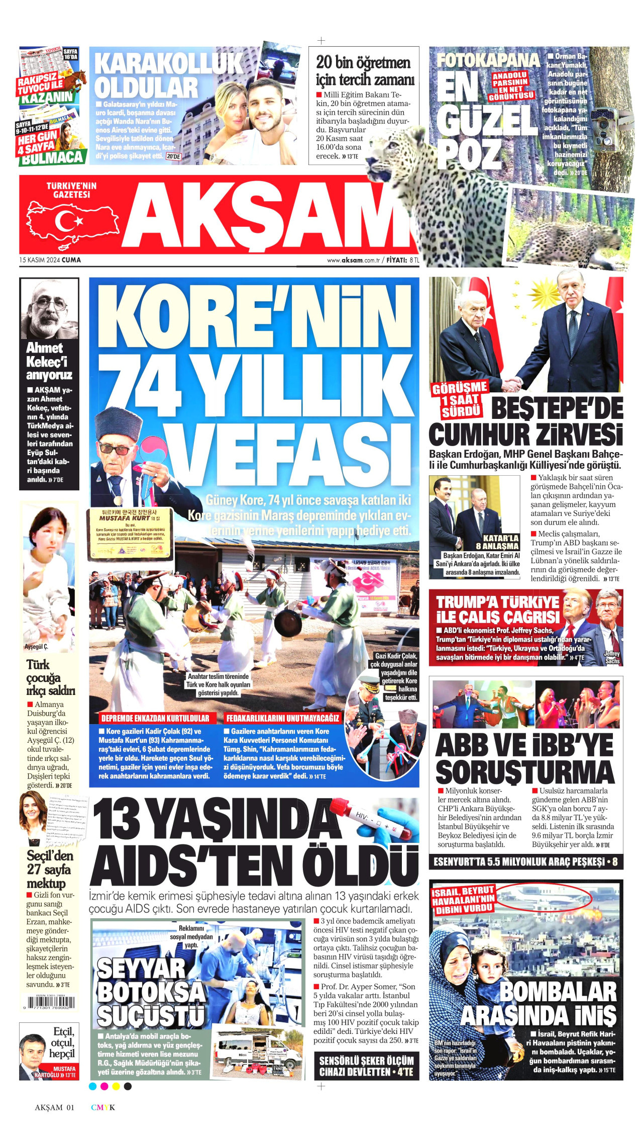 AKŞAM gazetesinin 15 Kasım 2024 tarihli birinci sayfası