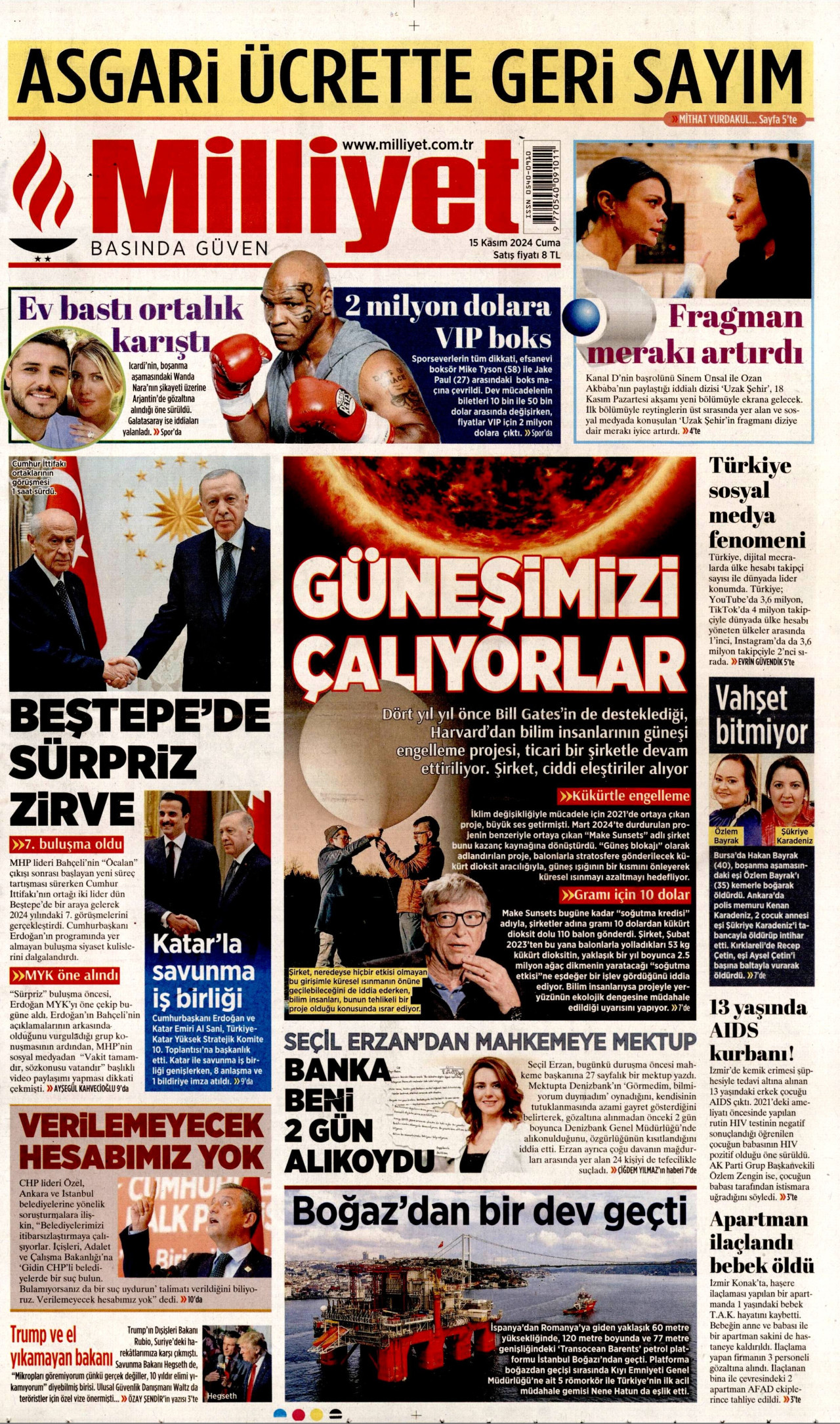 MİLLİYET gazetesinin 15 Kasım 2024 tarihli birinci sayfası