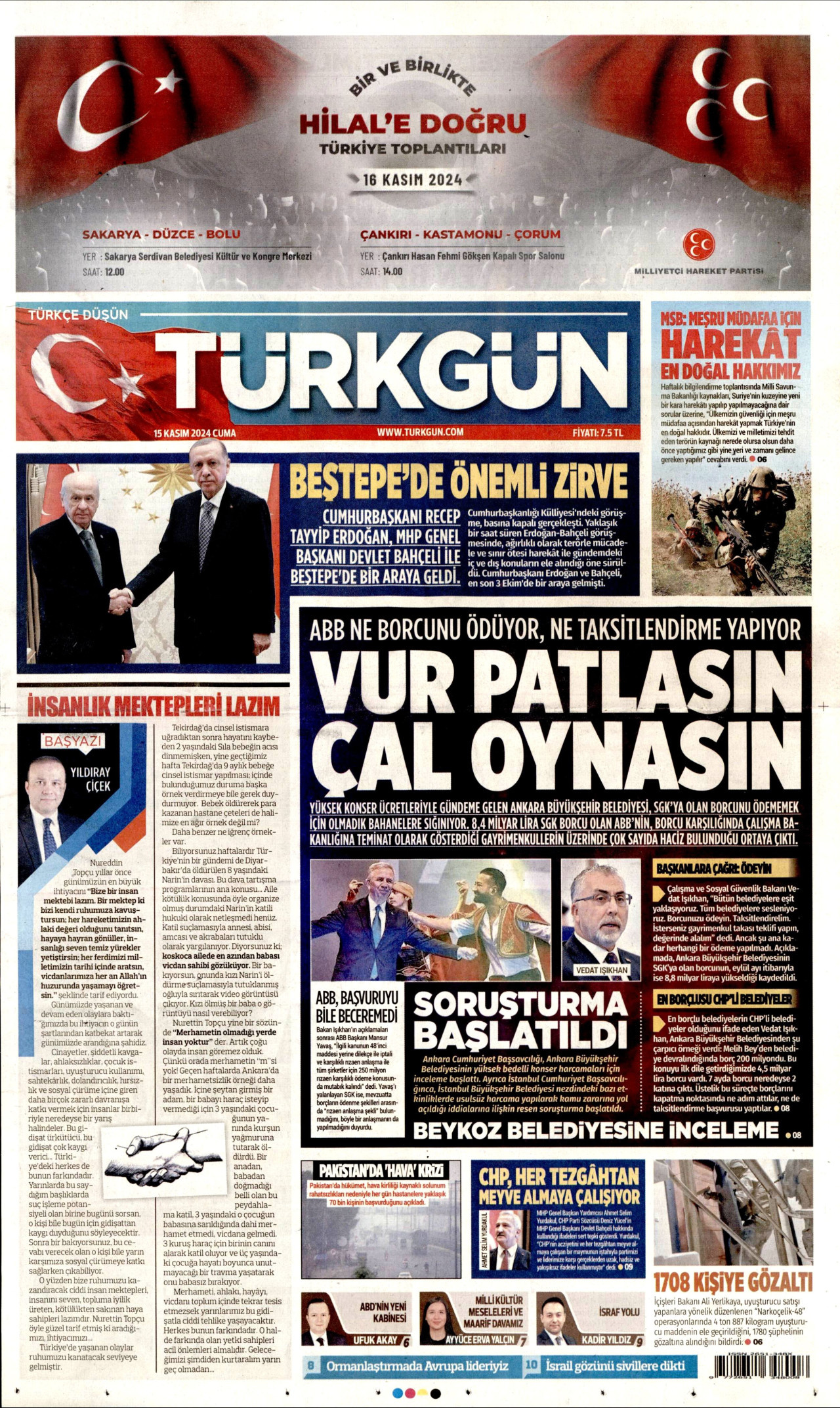 TÜRKGÜN gazetesinin 15 Kasım 2024 tarihli birinci sayfası