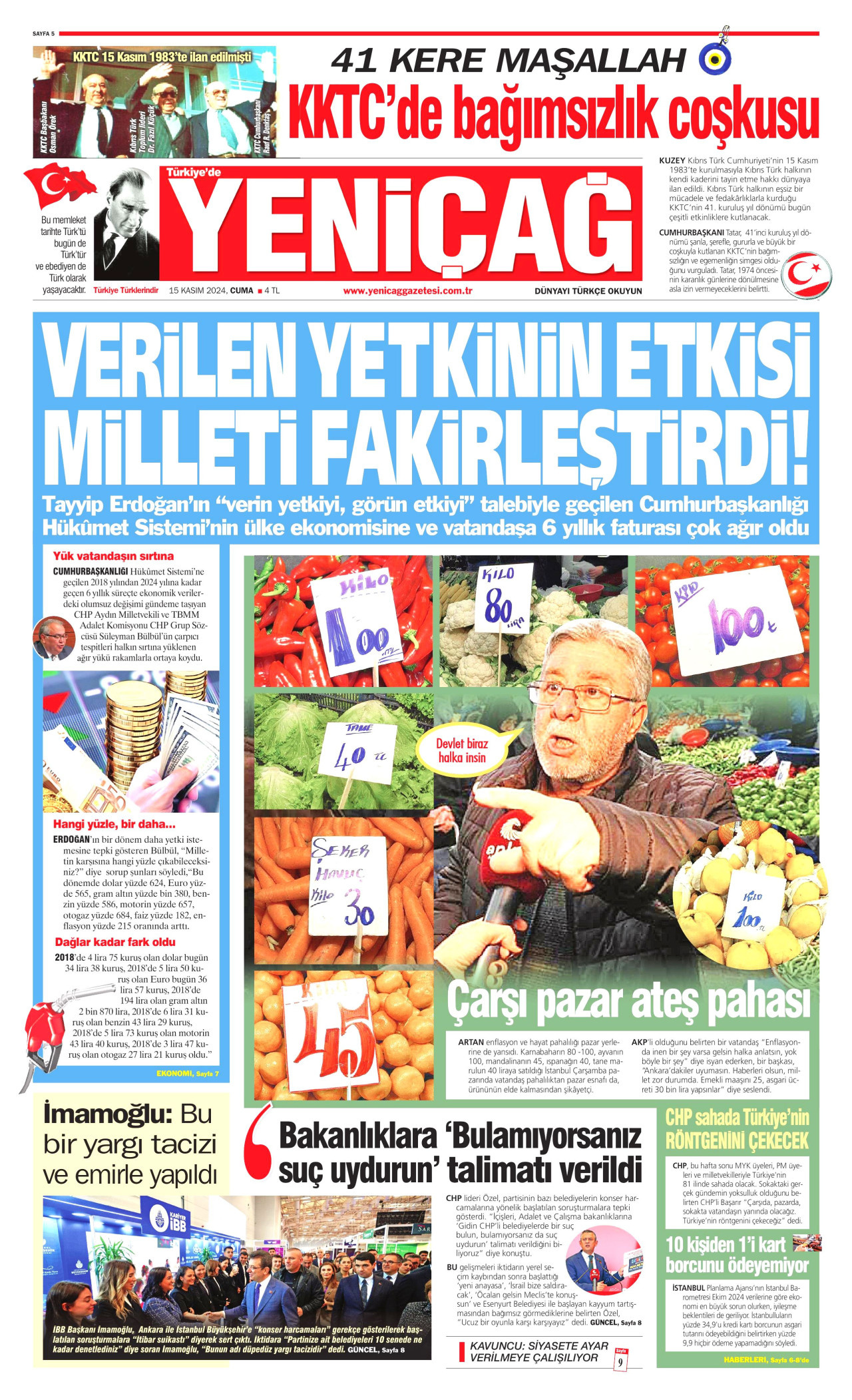 YENİÇAĞ gazetesinin 15 Kasım 2024 tarihli birinci sayfası