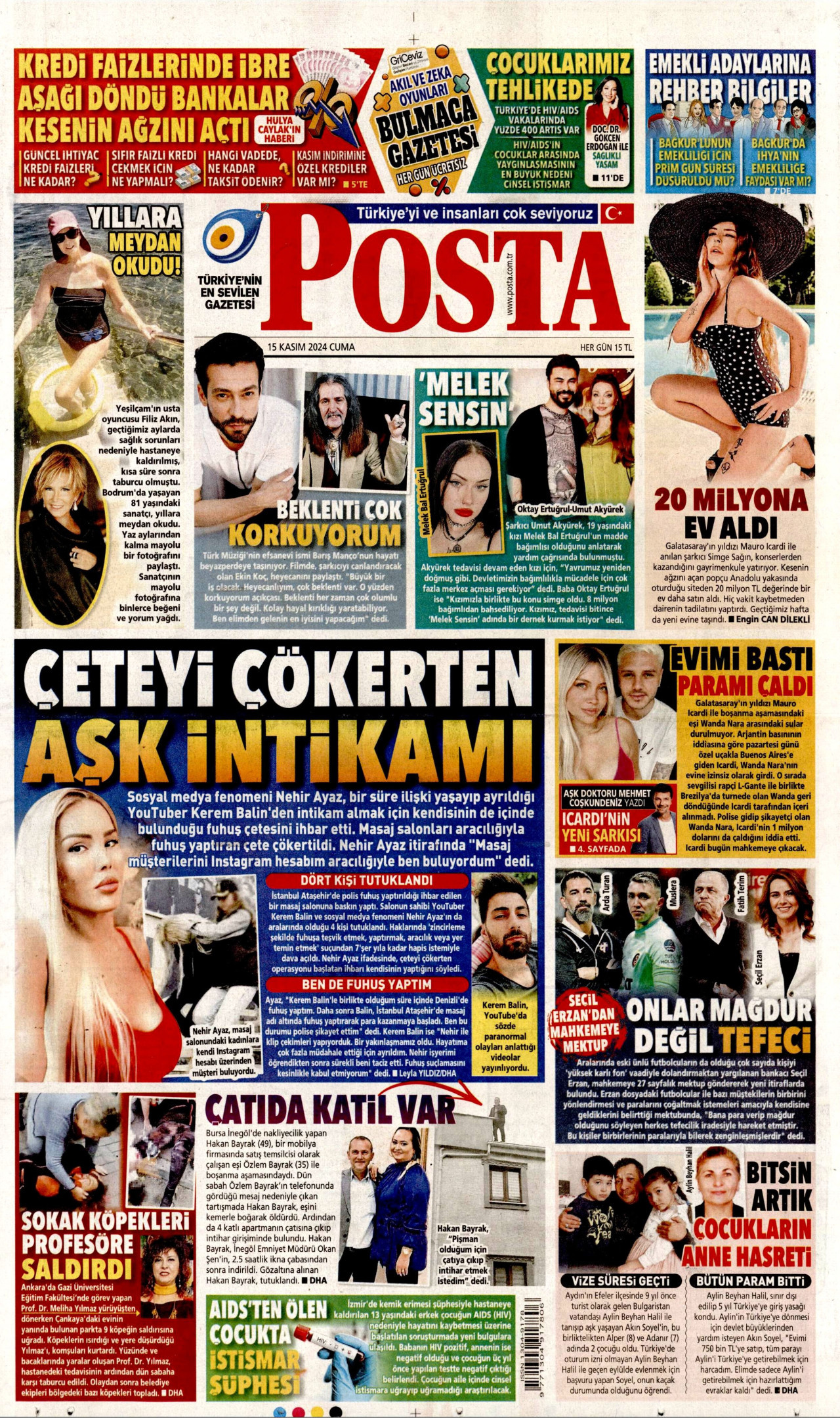 POSTA gazetesinin 15 Kasım 2024 tarihli birinci sayfası