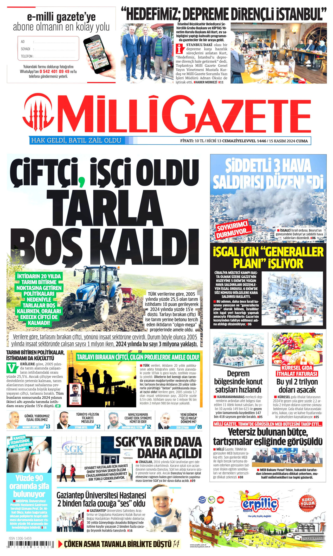 MİLLİ GAZETE gazetesinin 15 Kasım 2024 tarihli birinci sayfası
