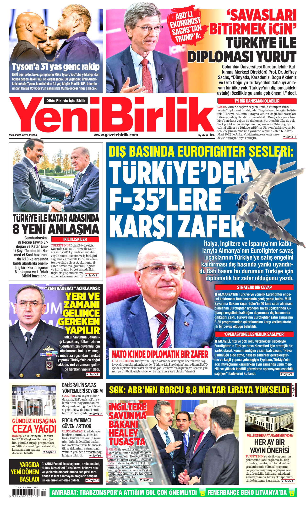 YENİBİRLİK gazetesinin 15 Kasım 2024 tarihli birinci sayfası