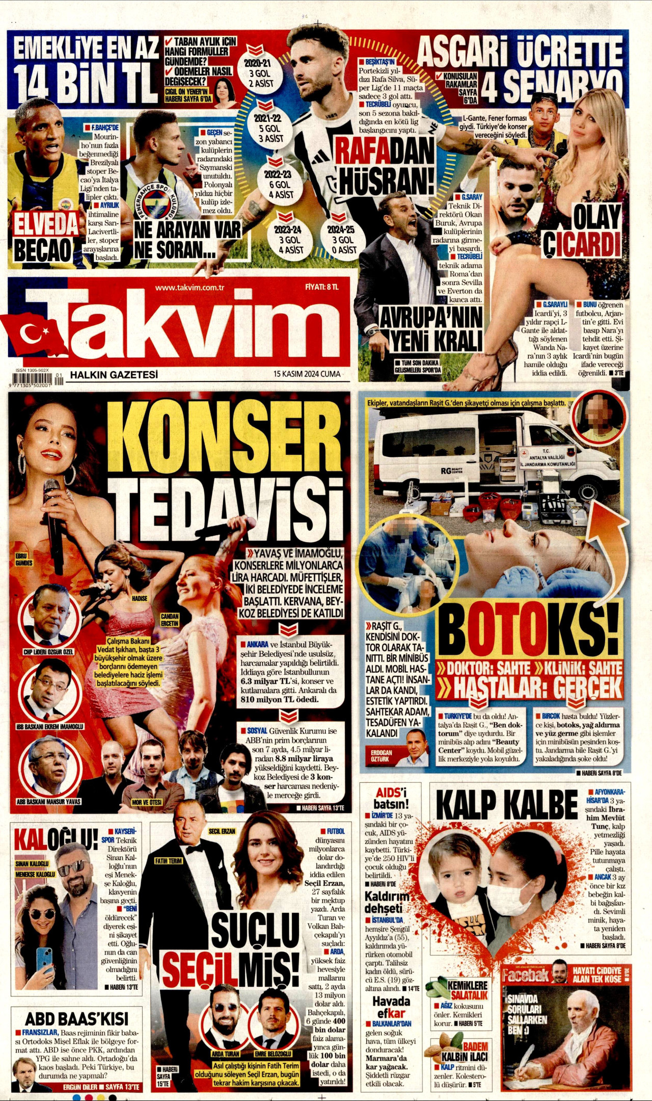 TAKVİM gazetesinin 15 Kasım 2024 tarihli birinci sayfası