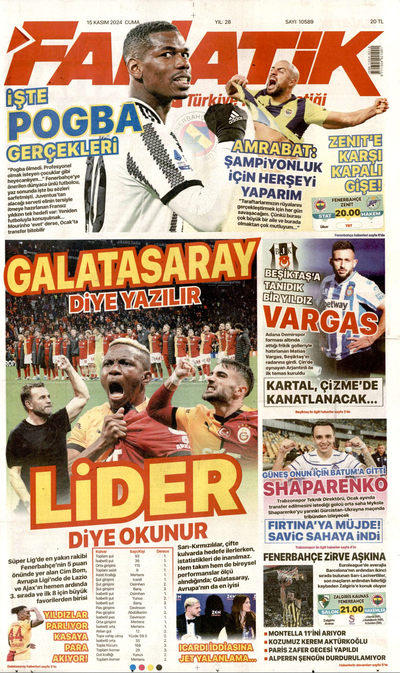 FANATİK gazetesinin 15 Kasım 2024 tarihli birinci sayfası