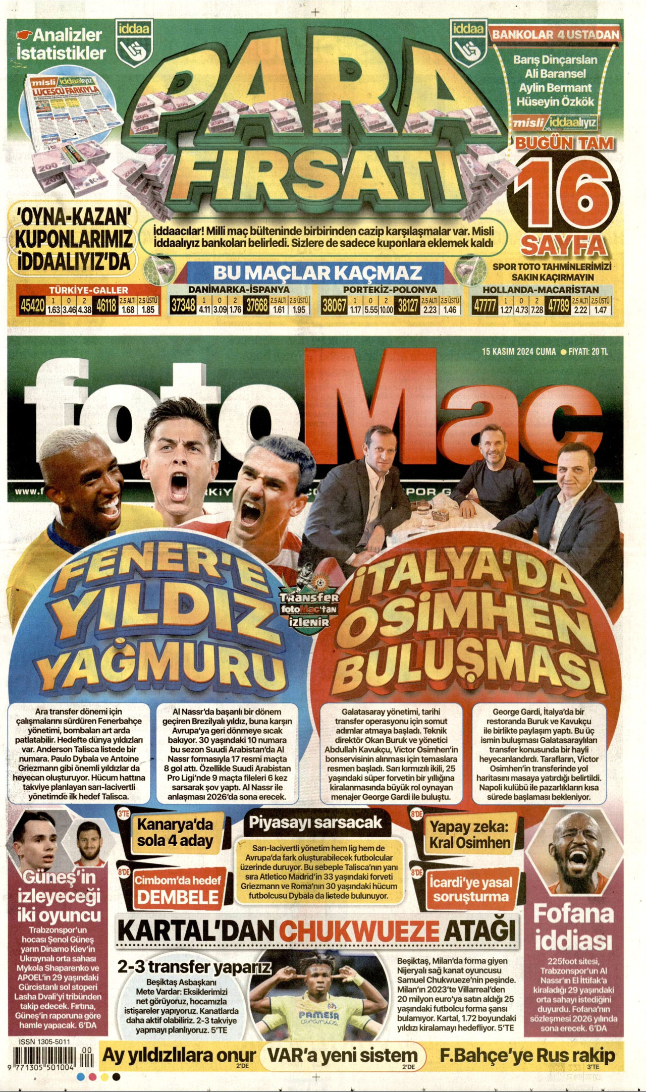 FOTOMAÇ gazetesinin 15 Kasım 2024 tarihli birinci sayfası