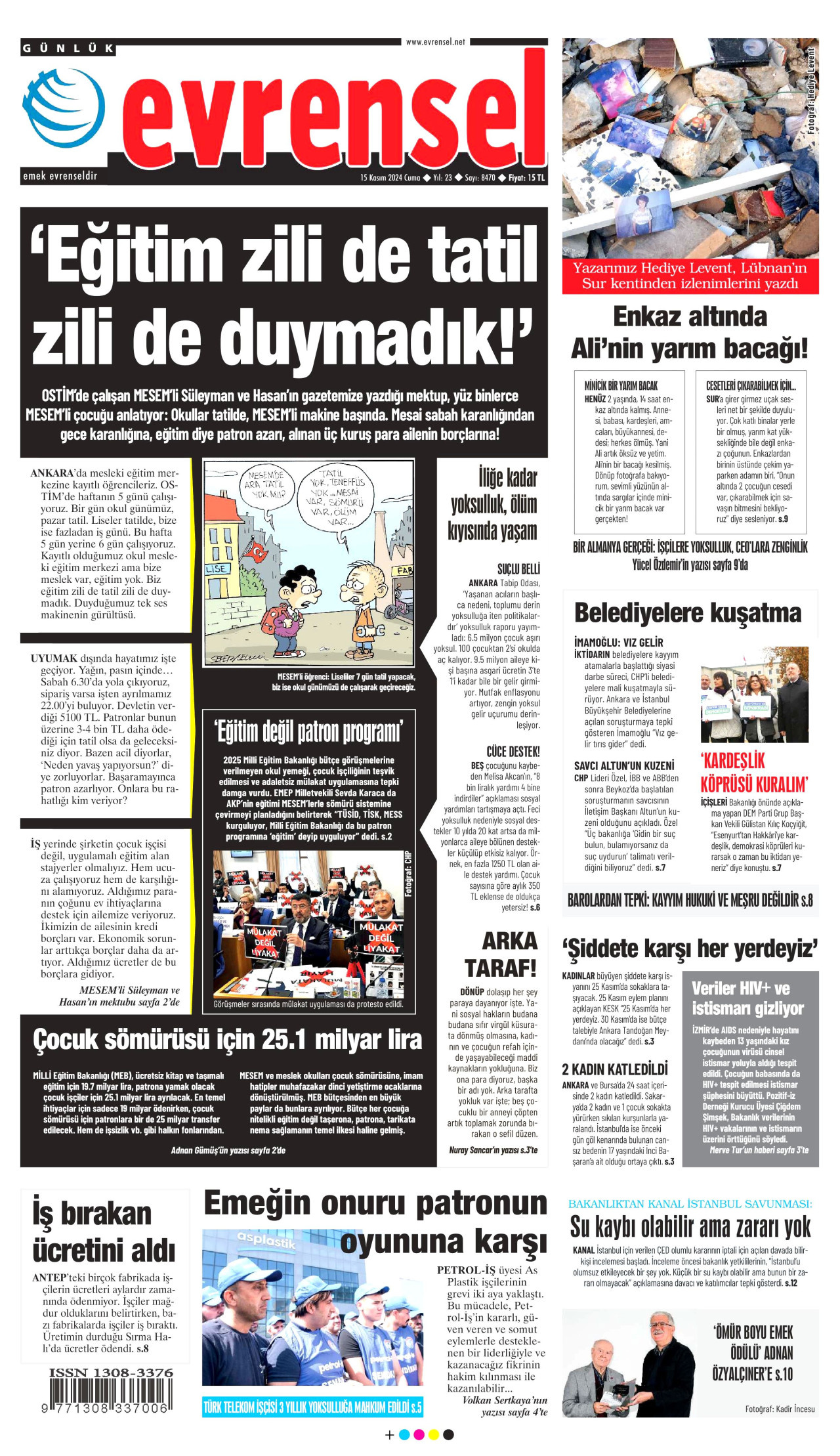 EVRENSEL gazetesinin 15 Kasım 2024 tarihli birinci sayfası