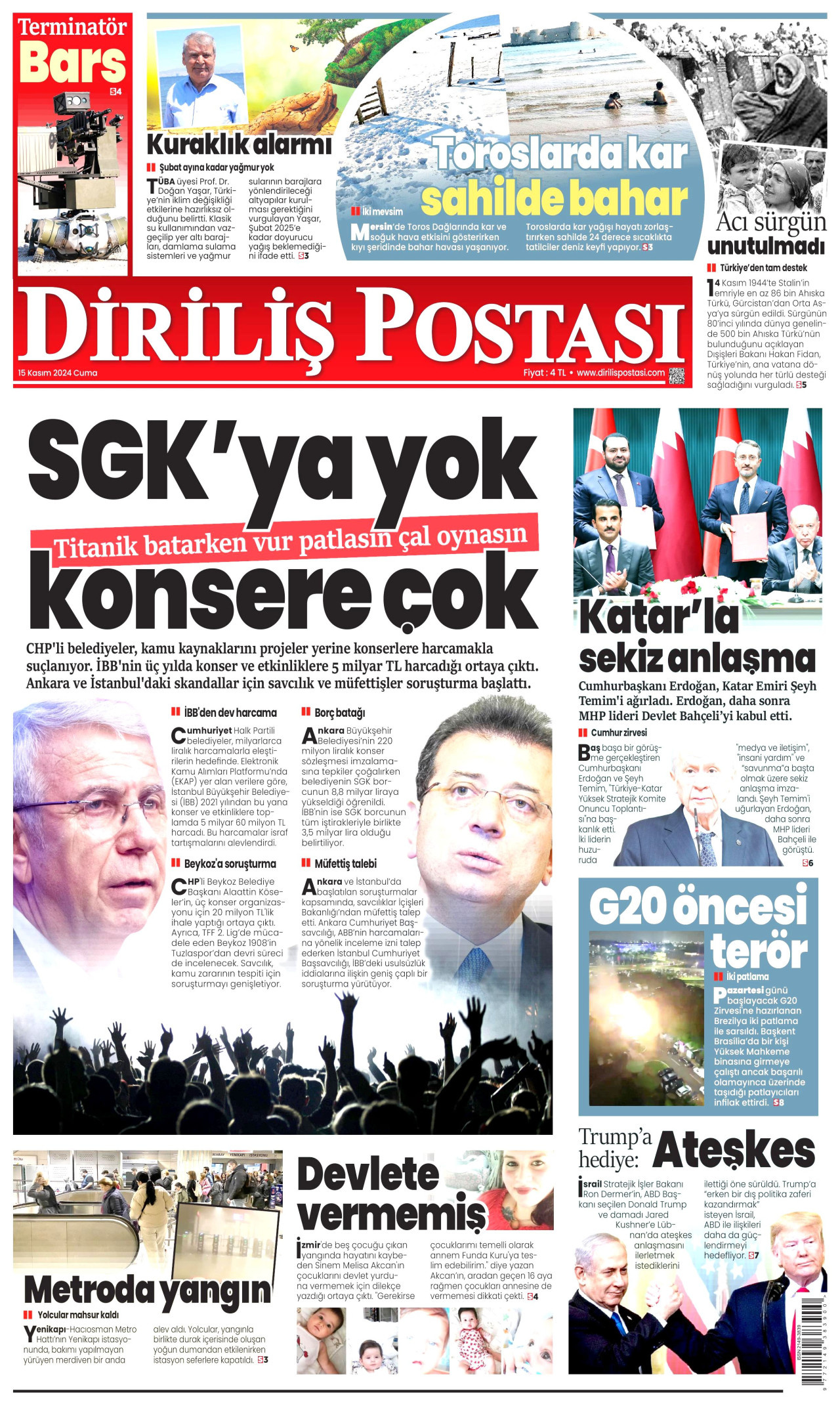 DİRİLİŞ POSTASI gazetesinin 15 Kasım 2024 tarihli birinci sayfası