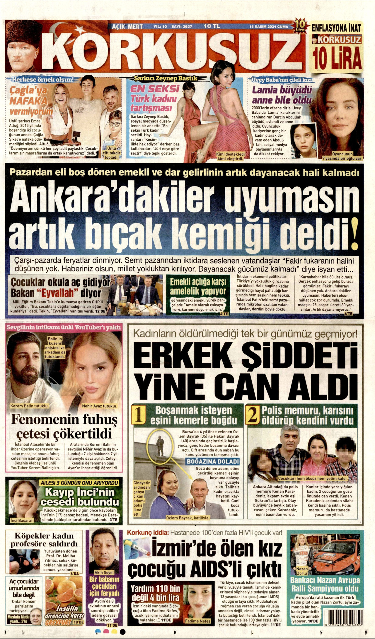 KORKUSUZ gazetesinin 15 Kasım 2024 tarihli birinci sayfası