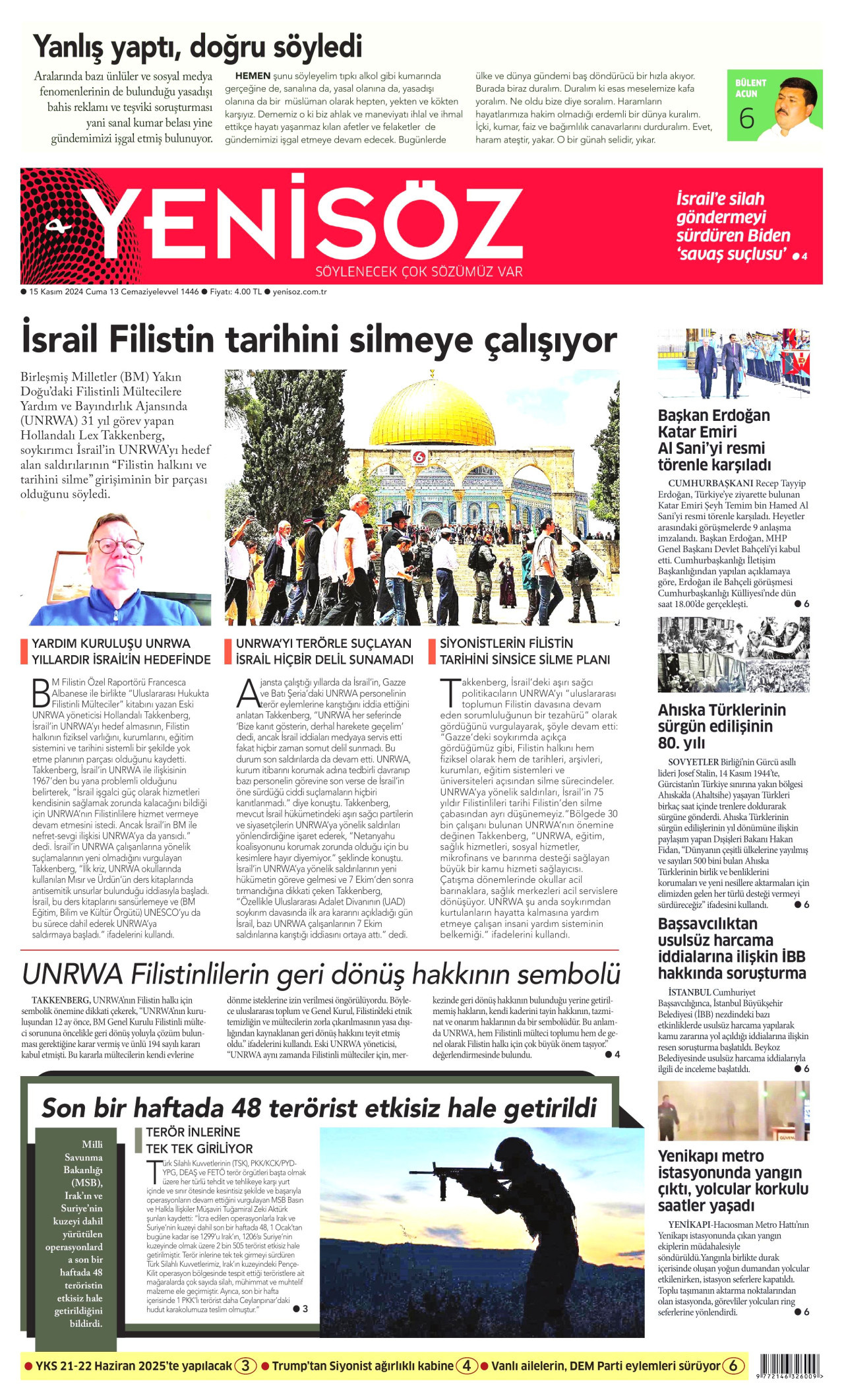 YENİ SÖZ GAZETESİ gazetesinin 15 Kasım 2024 tarihli birinci sayfası