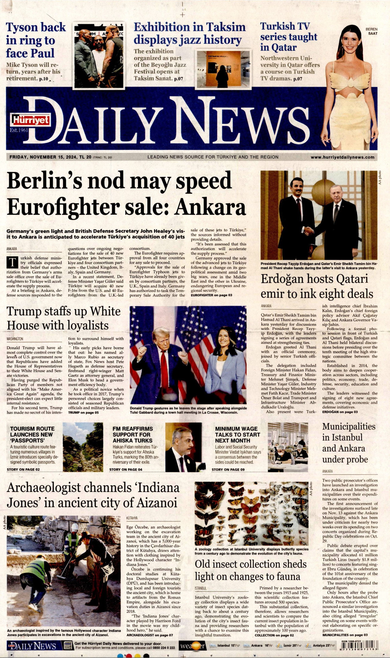 HÜRRİYET DAİLY NEWS gazetesinin 15 Kasım 2024 tarihli birinci sayfası
