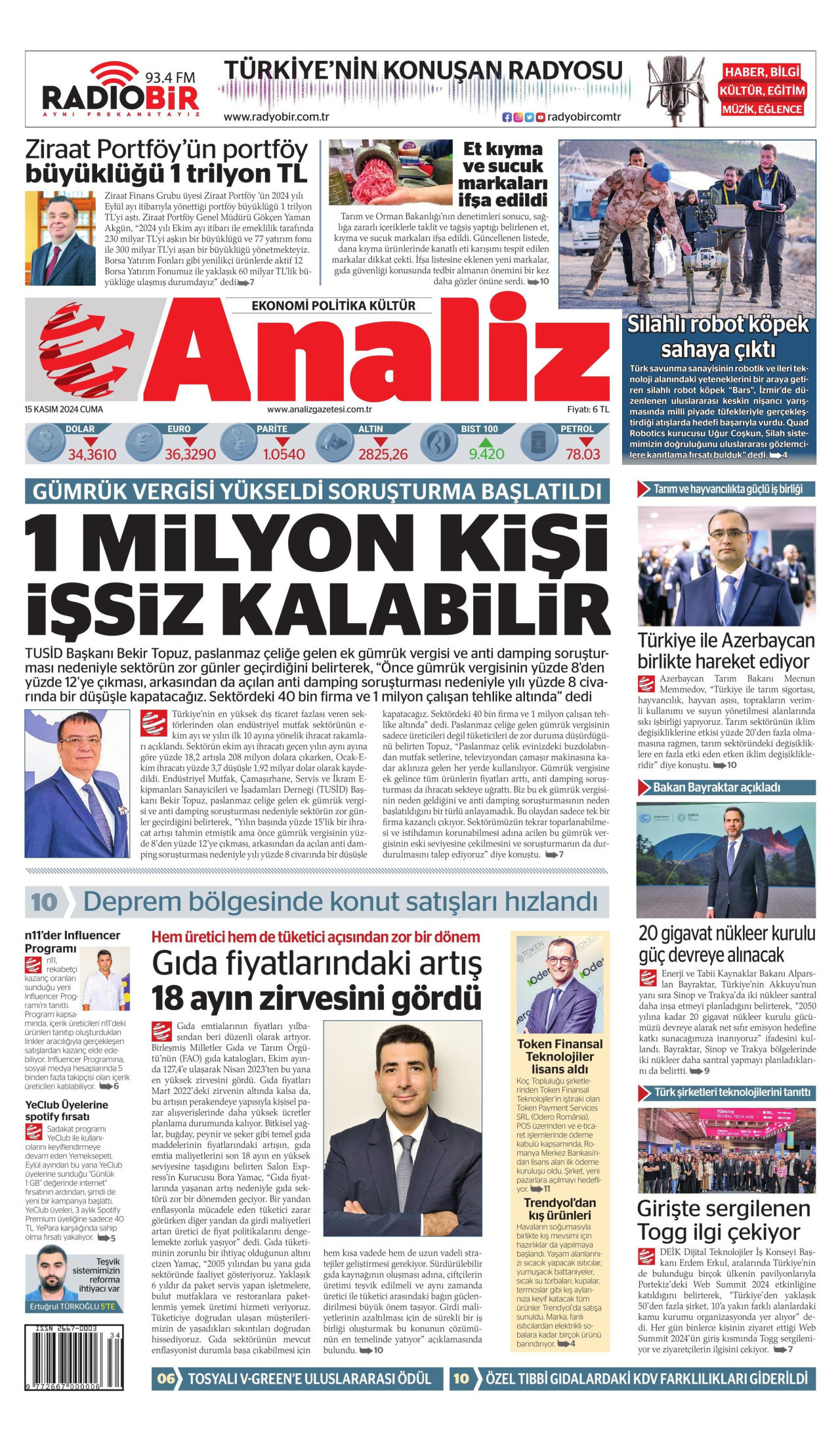 ANALİZ gazetesinin 15 Kasım 2024 tarihli birinci sayfası