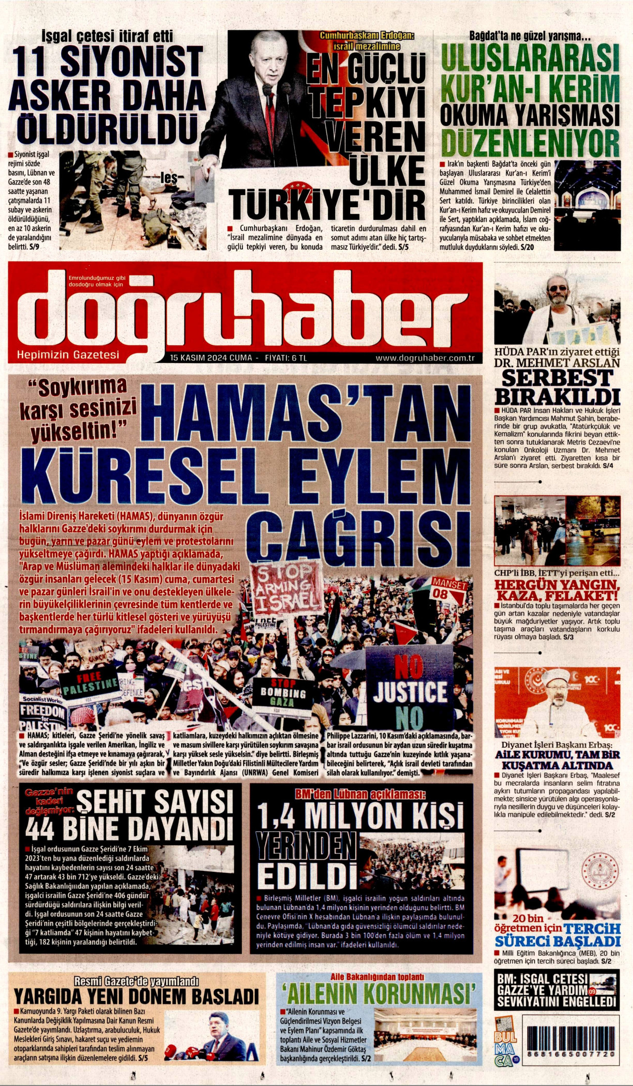 DOĞRU HABER gazetesinin 15 Kasım 2024 tarihli birinci sayfası