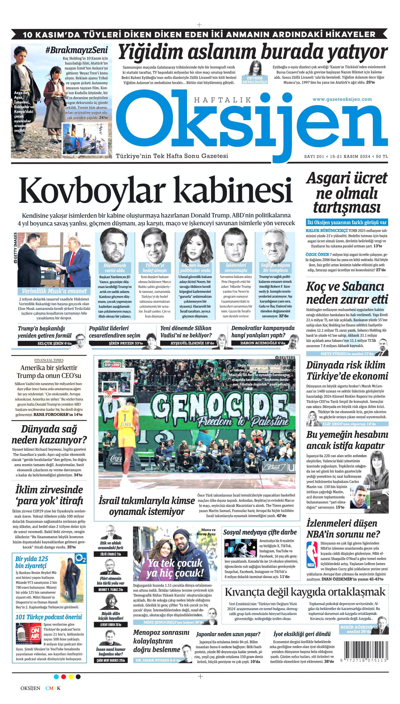 OKSİJEN gazetesinin 15 Kasım 2024 tarihli birinci sayfası