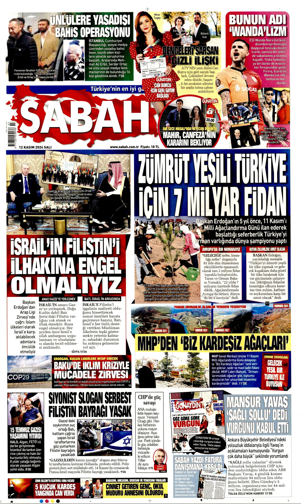 SABAH gazetesinin 12 Kasım 2024 tarihli birinci sayfası