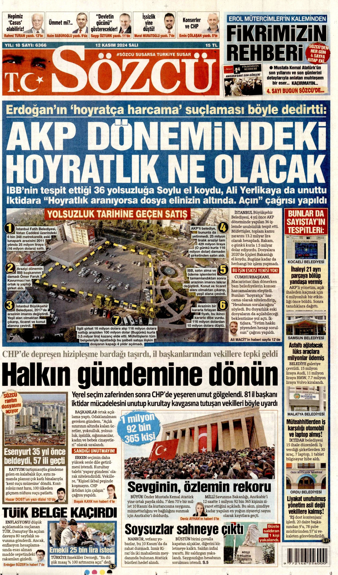 SÖZCÜ gazetesinin 12 Kasım 2024 tarihli birinci sayfası