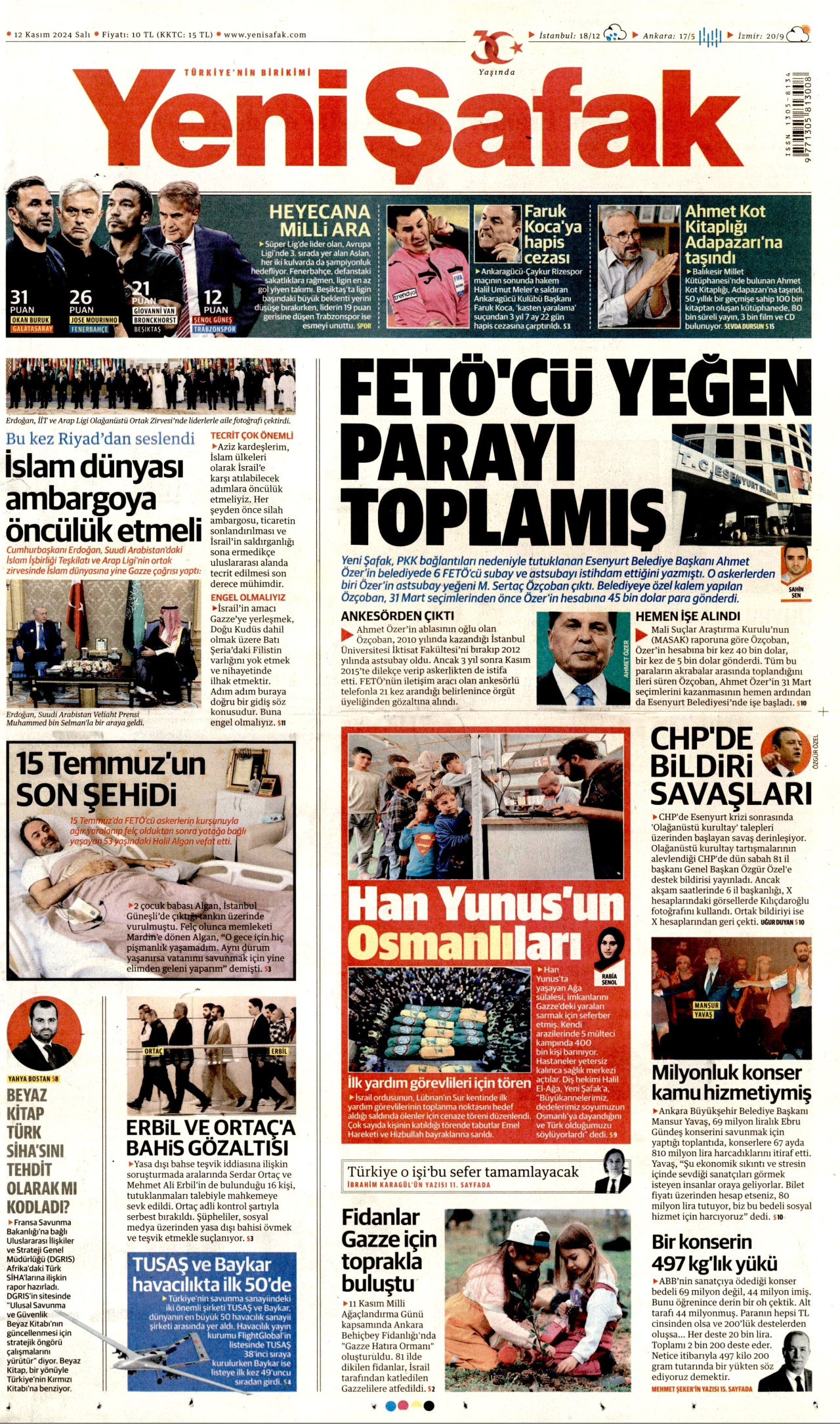 YENİ ŞAFAK gazetesinin 12 Kasım 2024 tarihli birinci sayfası