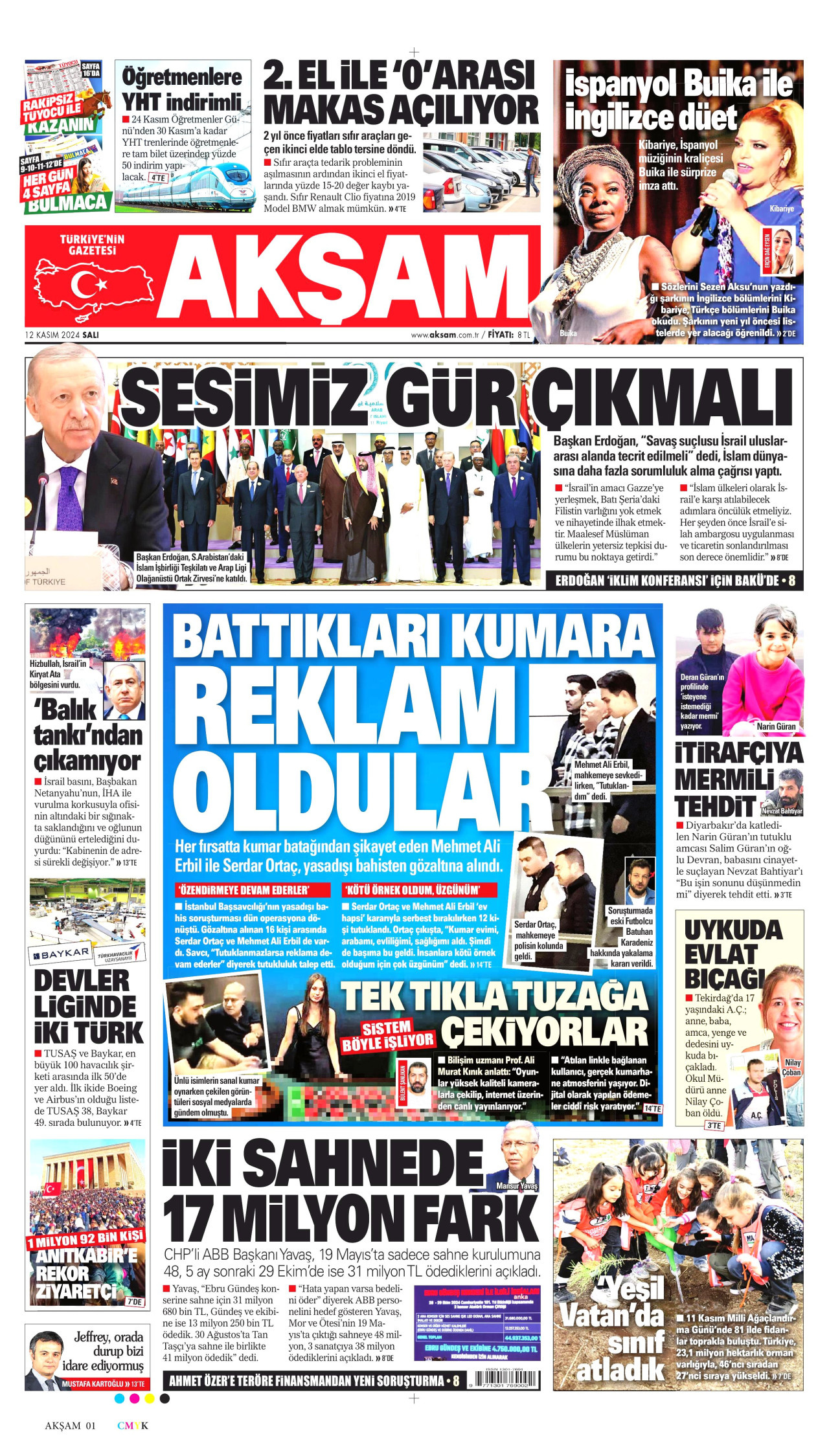 AKŞAM gazetesinin 12 Kasım 2024 tarihli birinci sayfası