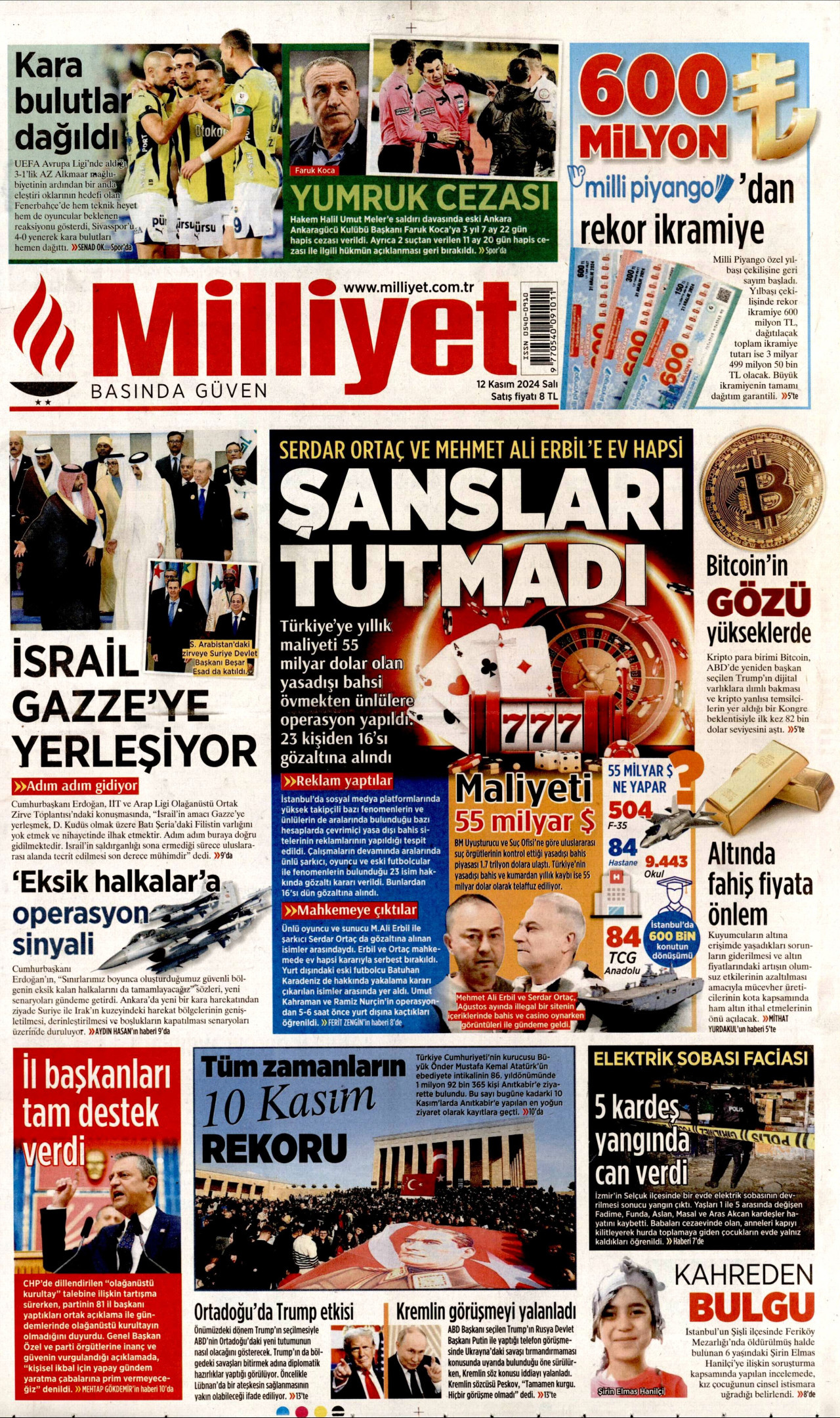 MİLLİYET gazetesinin 12 Kasım 2024 tarihli birinci sayfası