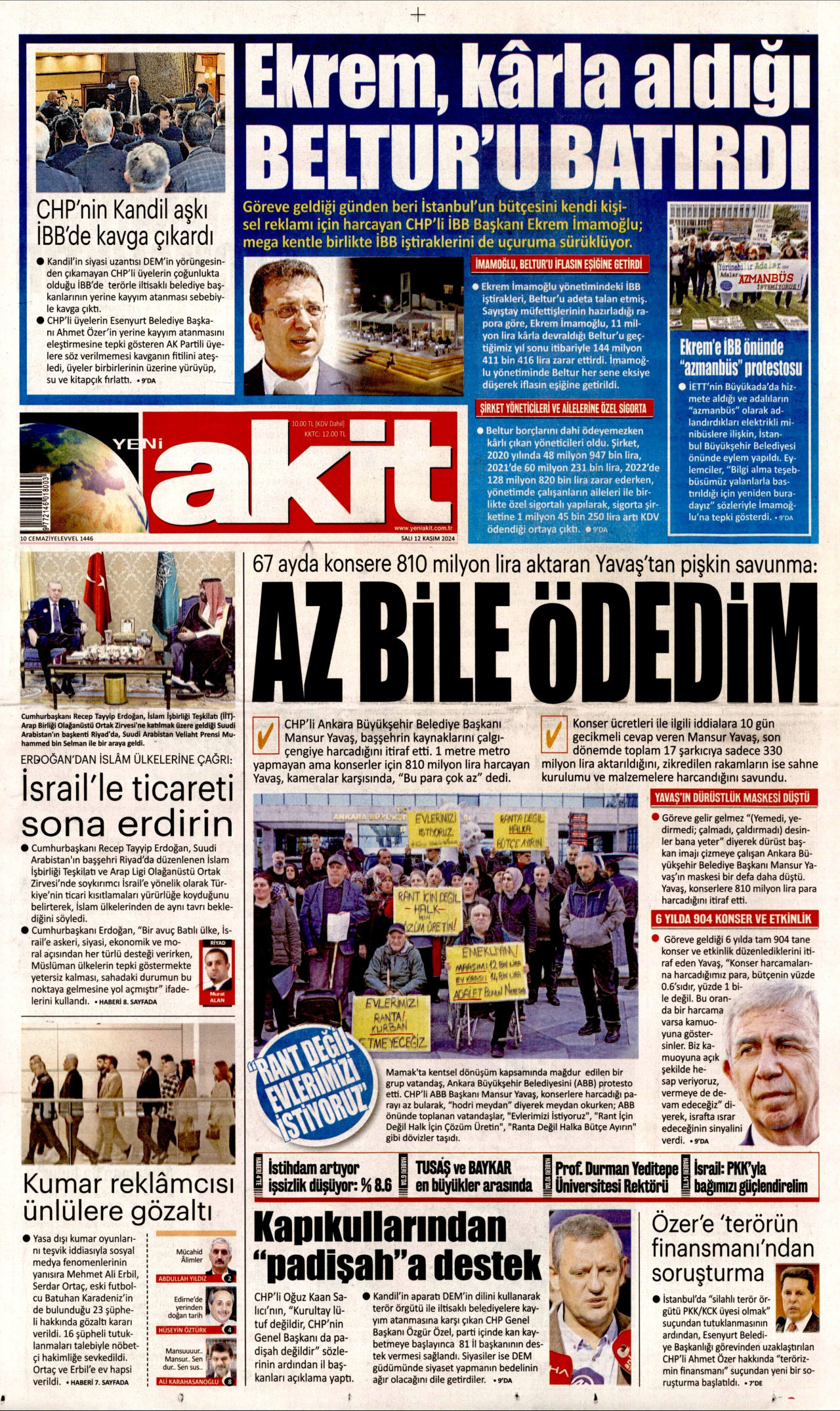 YENİ AKİT gazetesinin 12 Kasım 2024 tarihli birinci sayfası