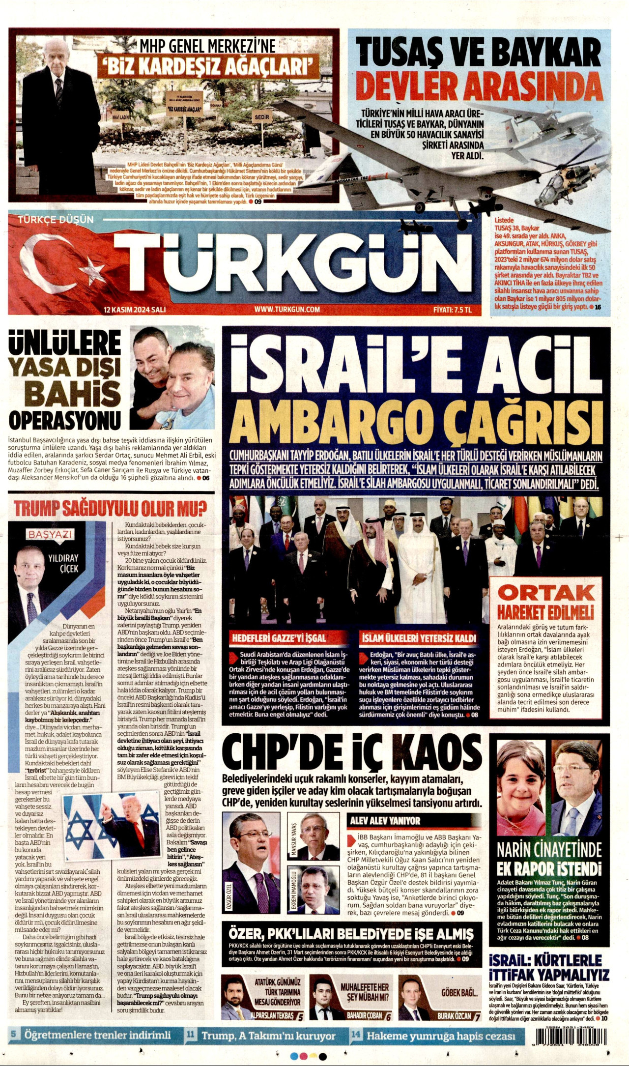 TÜRKGÜN gazetesinin 12 Kasım 2024 tarihli birinci sayfası