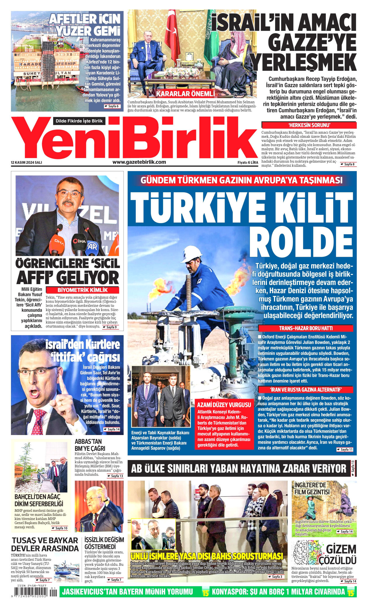 YENİBİRLİK gazetesinin 12 Kasım 2024 tarihli birinci sayfası