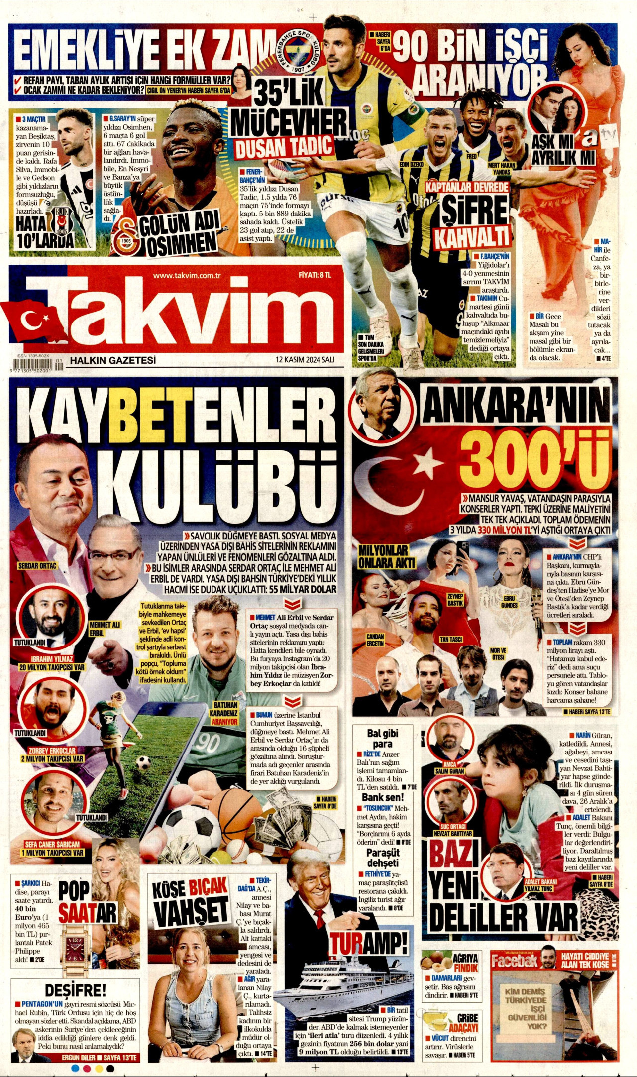 TAKVİM gazetesinin 12 Kasım 2024 tarihli birinci sayfası
