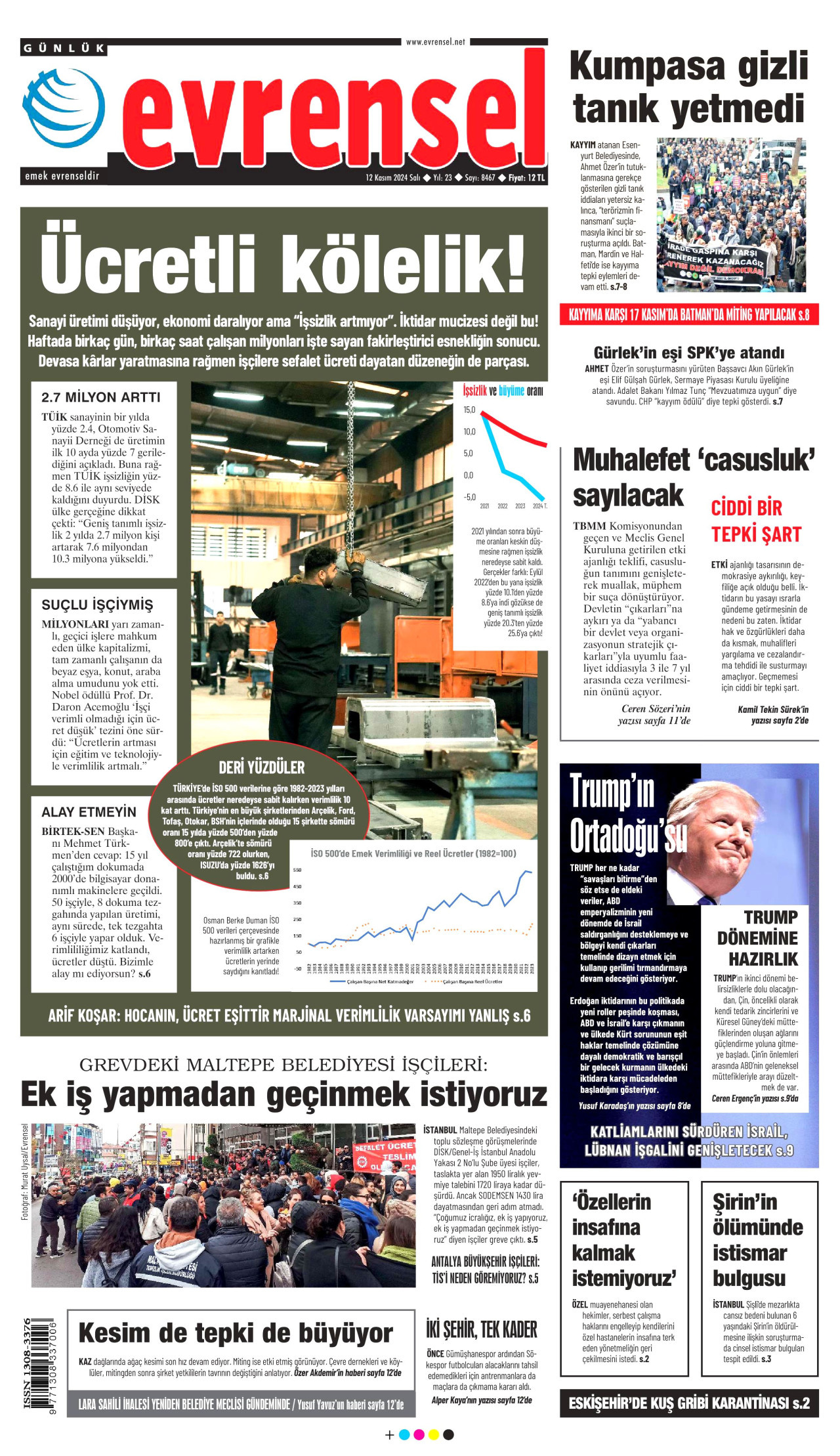 EVRENSEL gazetesinin 12 Kasım 2024 tarihli birinci sayfası