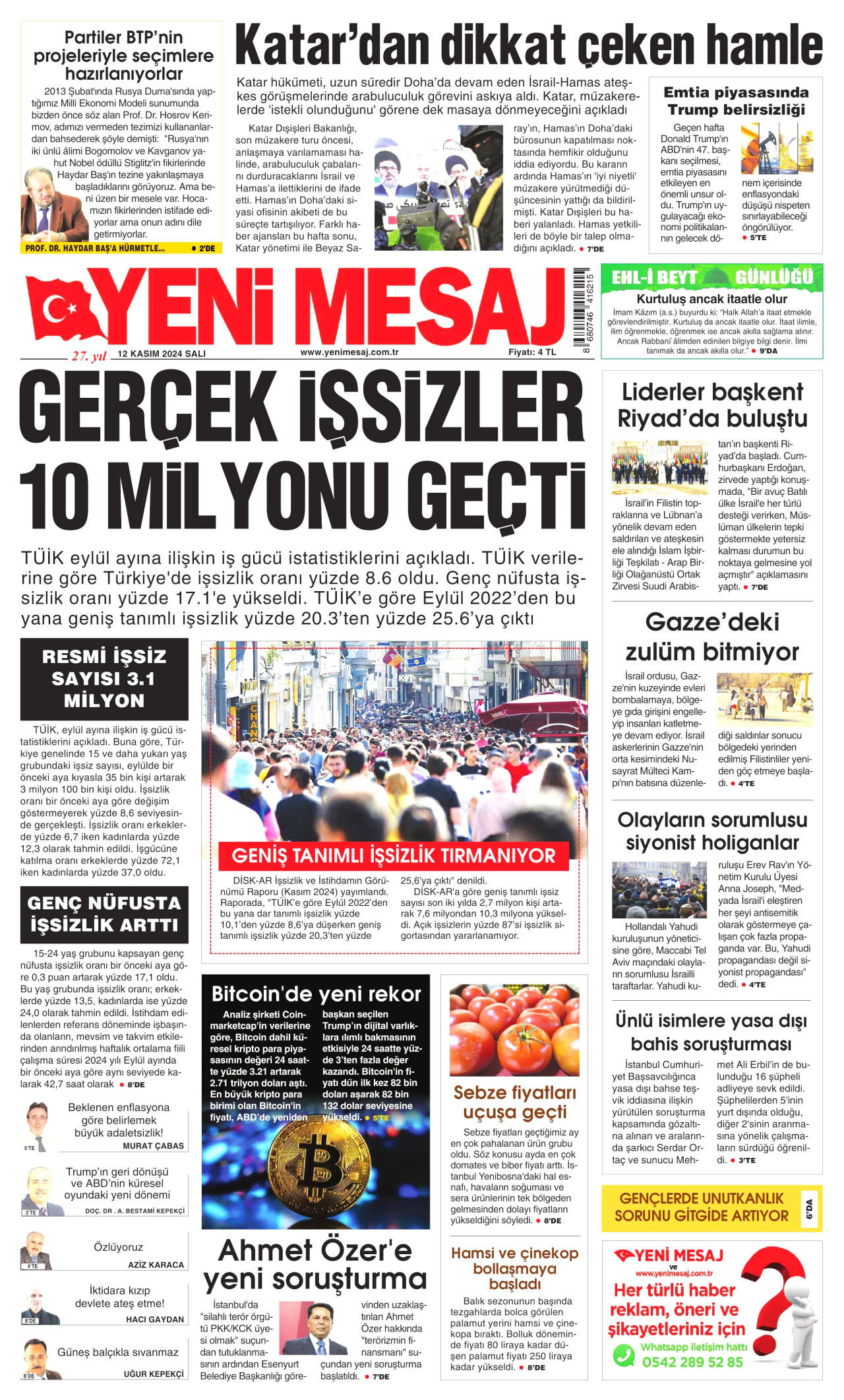 YENİ MESAJ gazetesinin 12 Kasım 2024 tarihli birinci sayfası