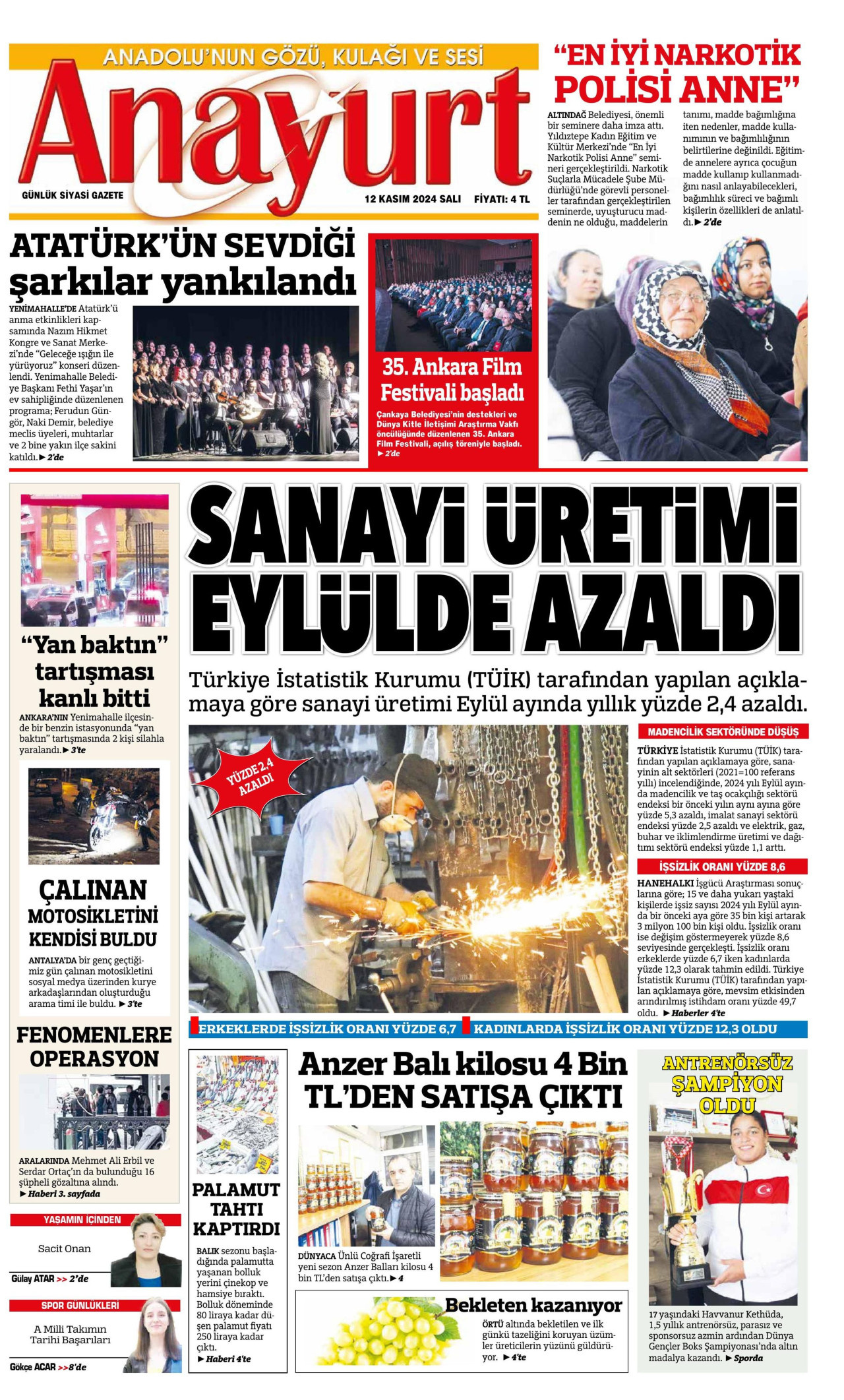 ANAYURT gazetesinin 12 Kasım 2024 tarihli birinci sayfası
