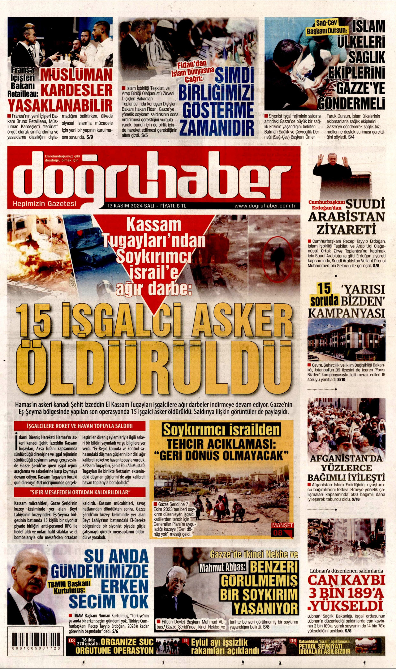 DOĞRU HABER gazetesinin 12 Kasım 2024 tarihli birinci sayfası