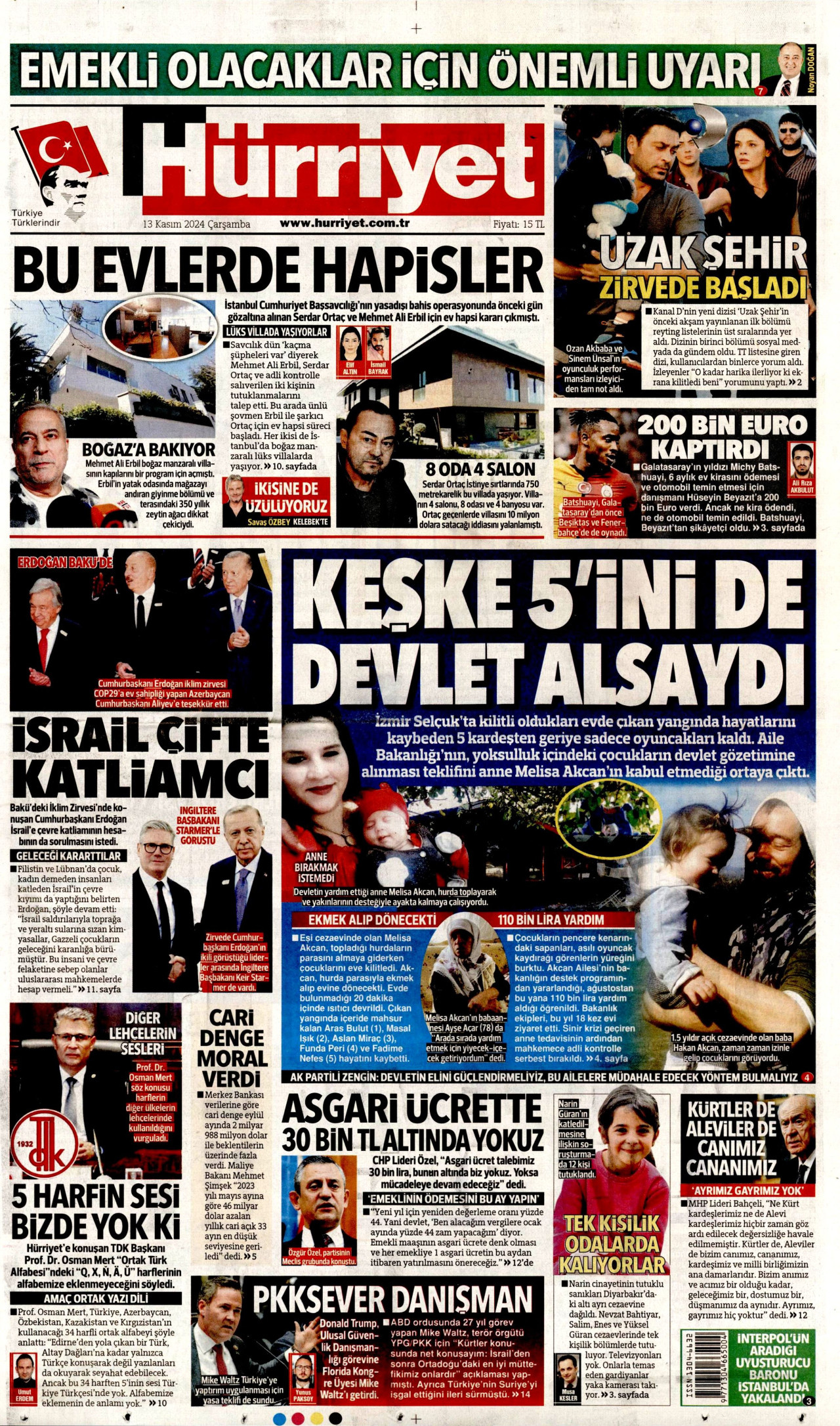 HÜRRİYET gazetesinin 13 Kasım 2024 tarihli birinci sayfası