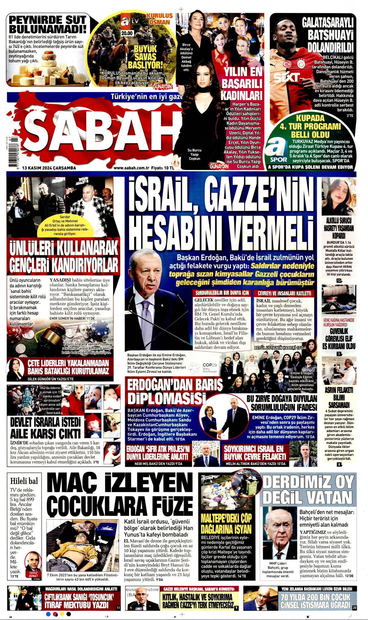 SABAH gazetesinin 13 Kasım 2024 tarihli birinci sayfası