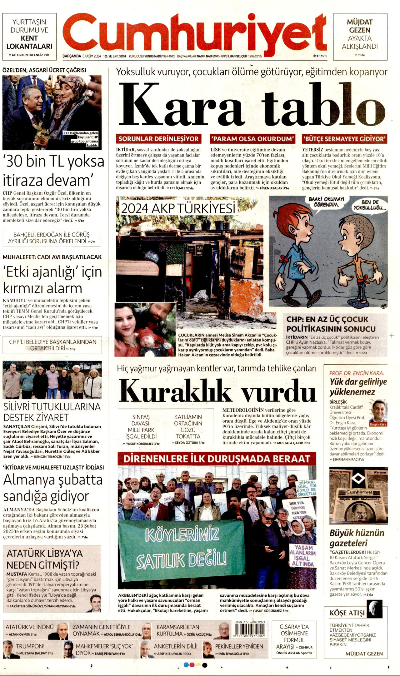 CUMHURİYET gazetesinin 13 Kasım 2024 tarihli birinci sayfası