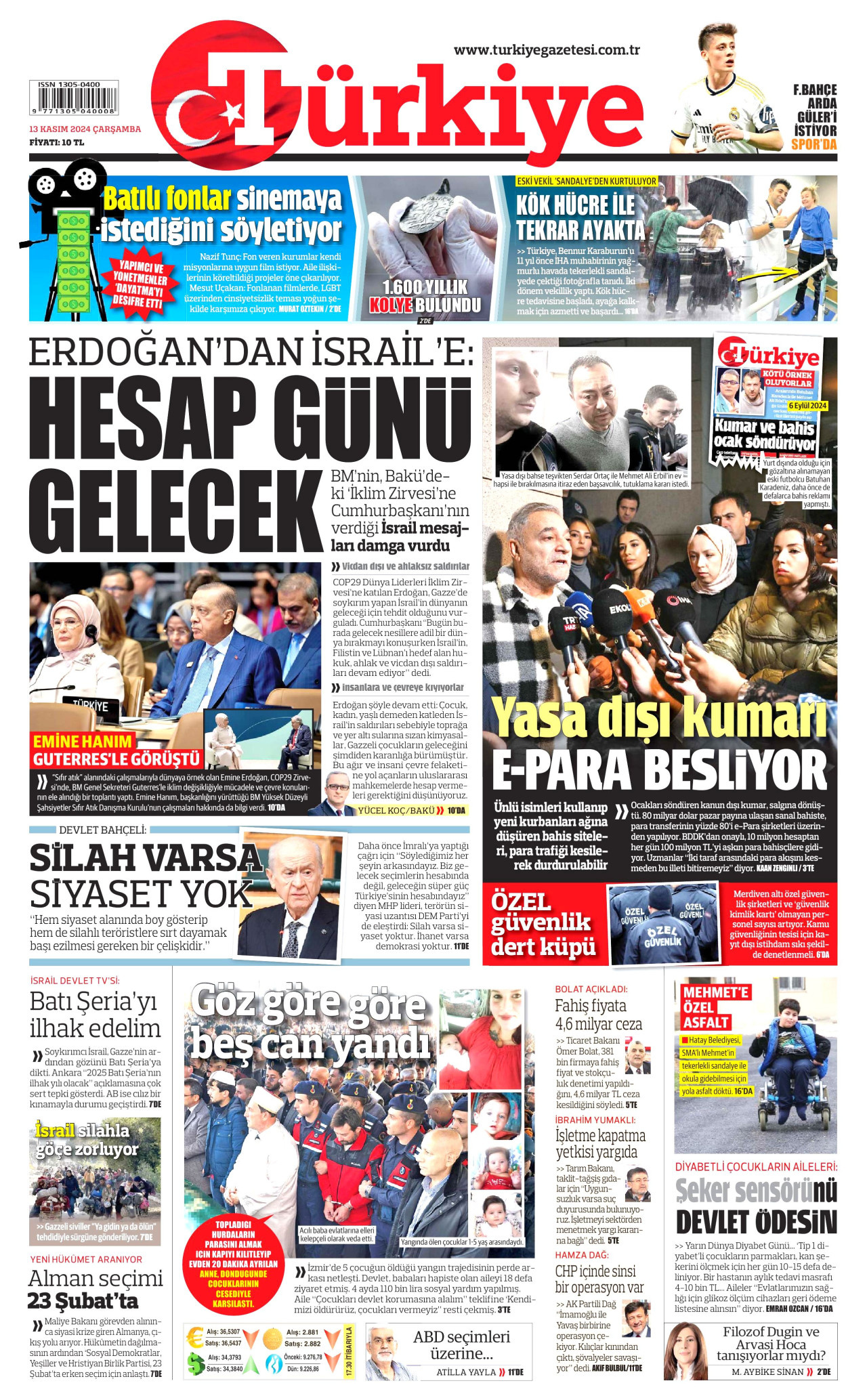 TÜRKİYE GAZETESİ gazetesinin 13 Kasım 2024 tarihli birinci sayfası
