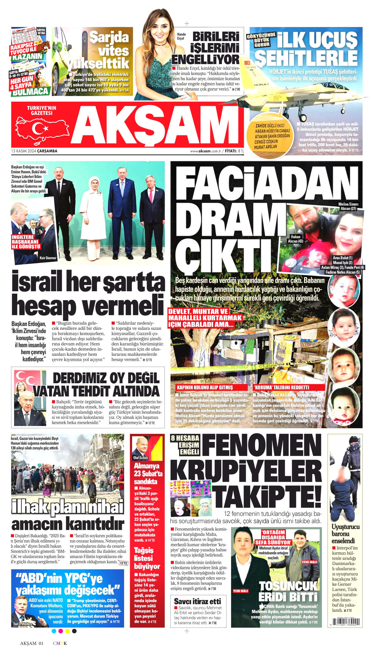AKŞAM gazetesinin 13 Kasım 2024 tarihli birinci sayfası
