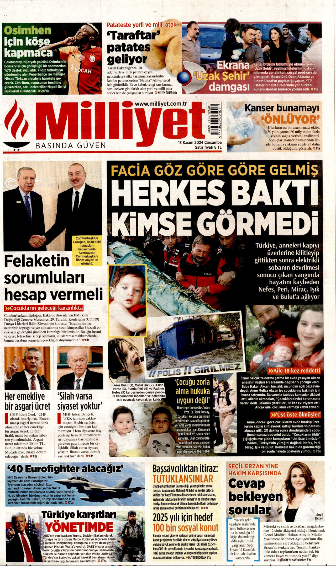 MİLLİYET gazetesinin 13 Kasım 2024 tarihli birinci sayfası